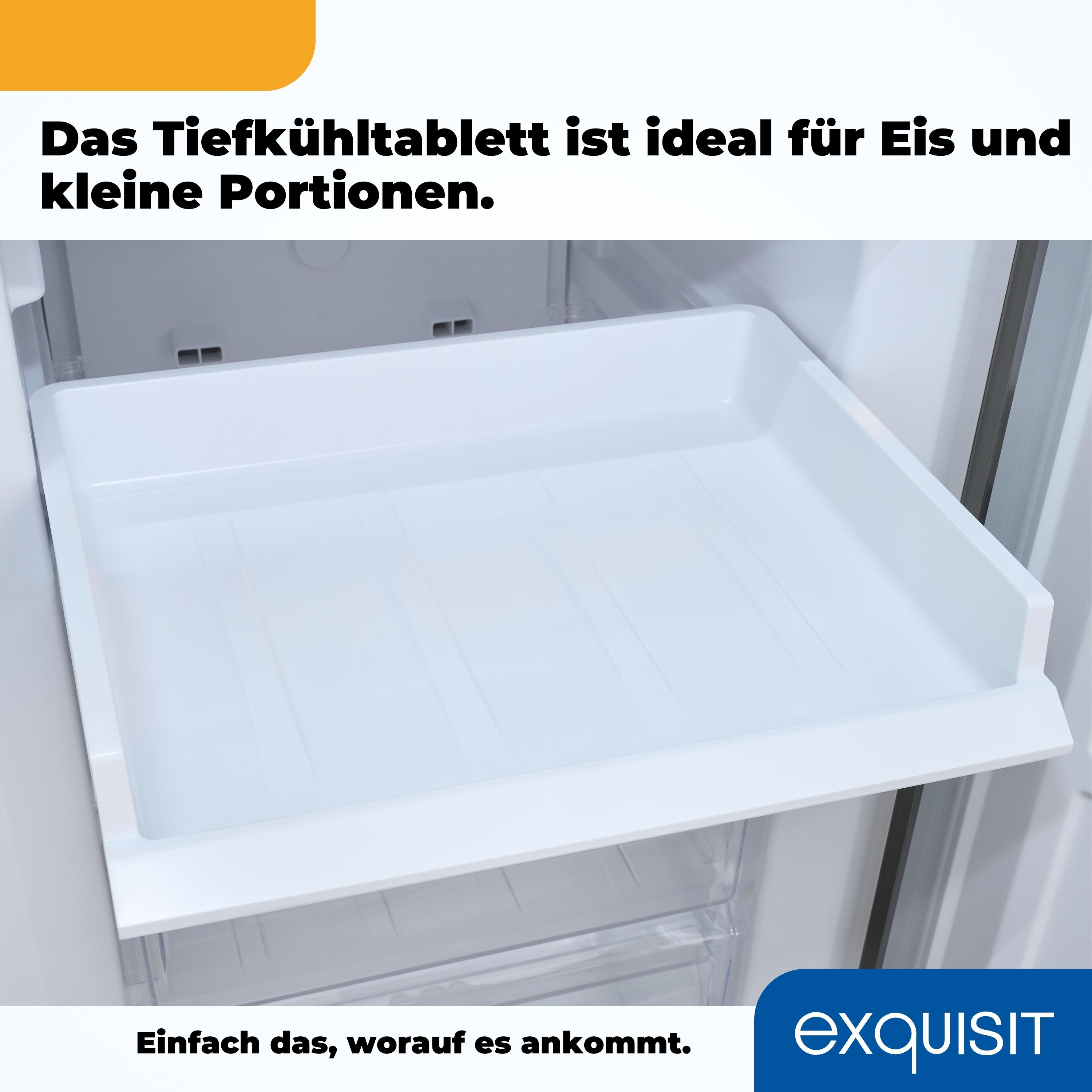 Una bandeja blanca de refrigerador dentro de la nevera. Texto arriba y abajo en alemán.