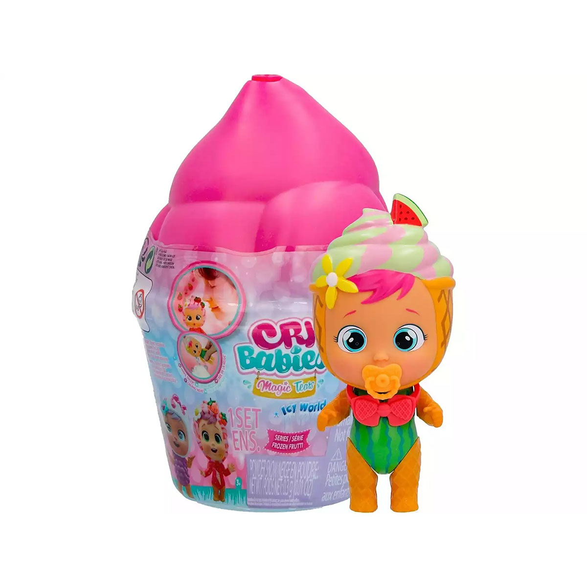 Un giocattolo Cry Babies in un cono gelato. Ha la bocca aperta ed è una bambola con accessori.