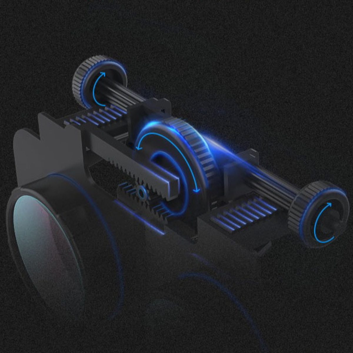 Nahaufnahme eines mechanischen Getriebesystems mit blauen Highlights und Pfeilen.
