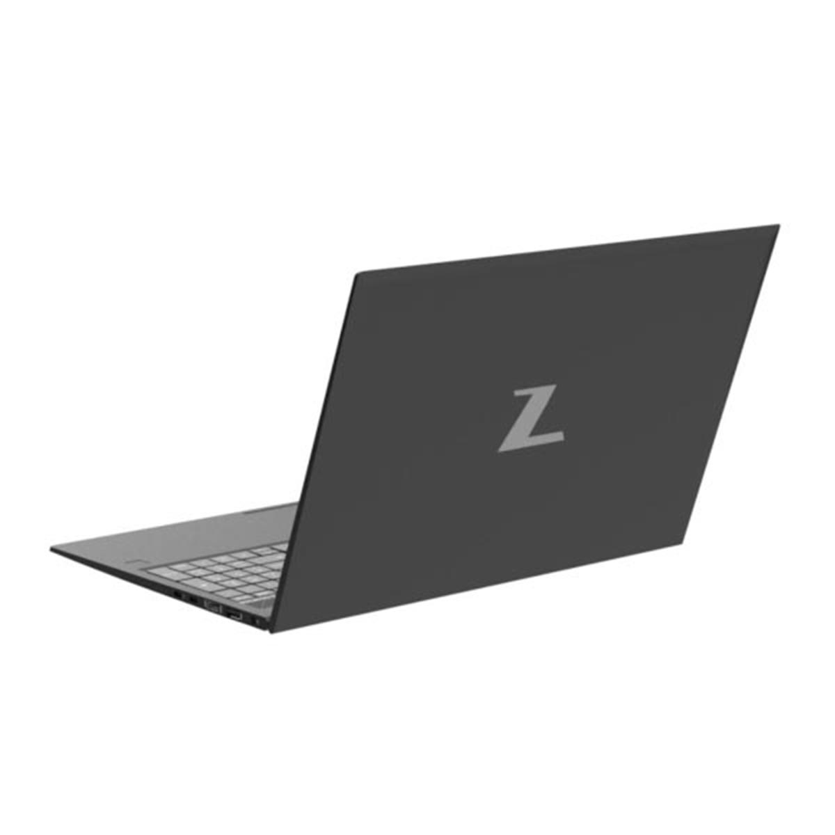 Czarny laptop z literą „Z” na tylnej stronie, widok z perspektywy.