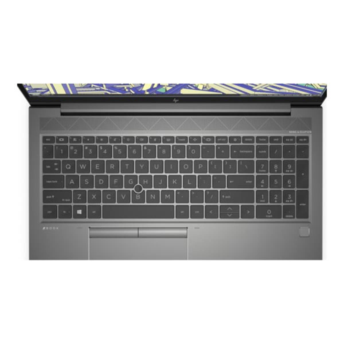 Klawiatura laptopa, widok z góry. Klawisze są czarne, a obudowa szara. Ekran jest lekko otwarty.