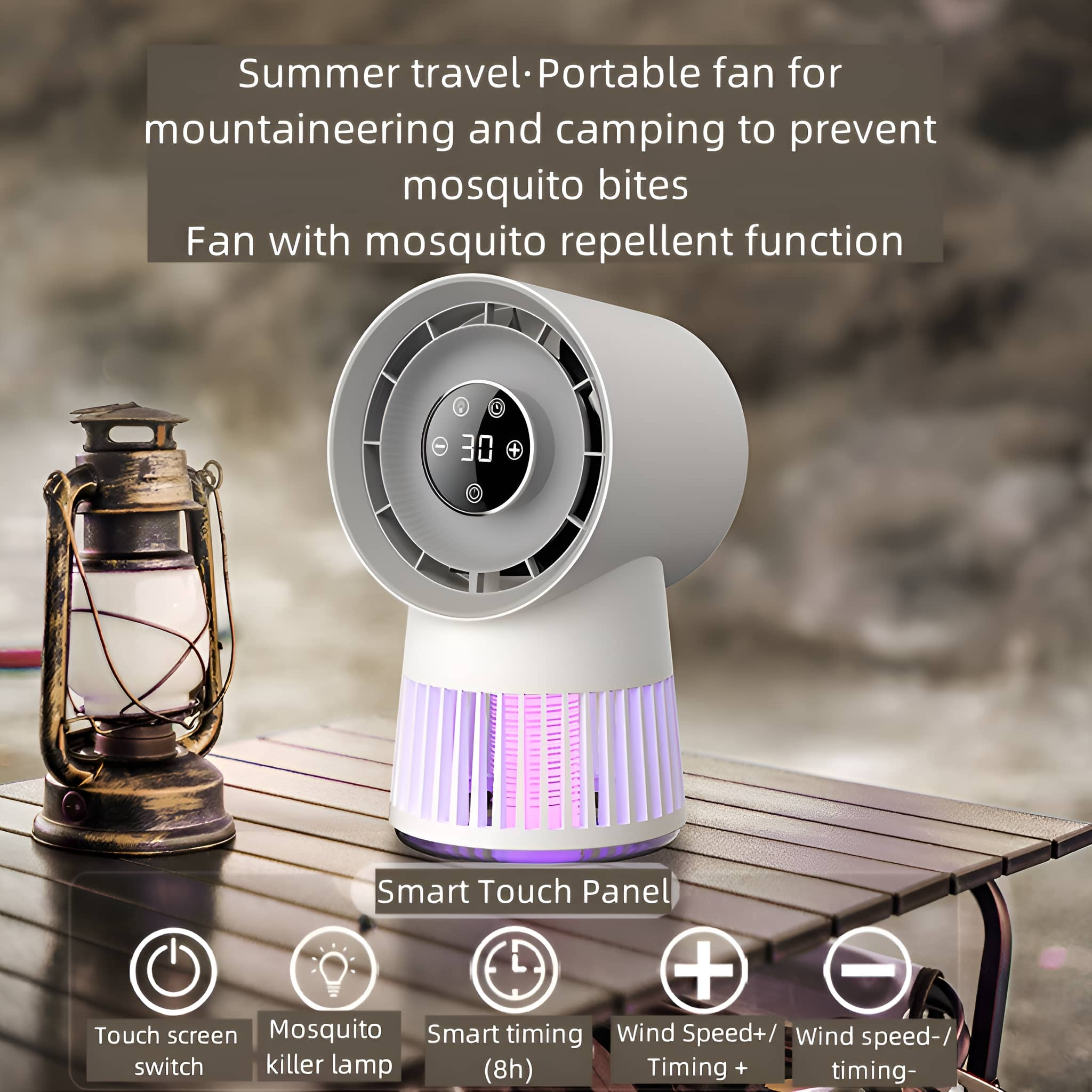 Ein weiß-grauer tragbarer Mückenschutzventilator mit Smart Touch Panel und einer Laterne.
