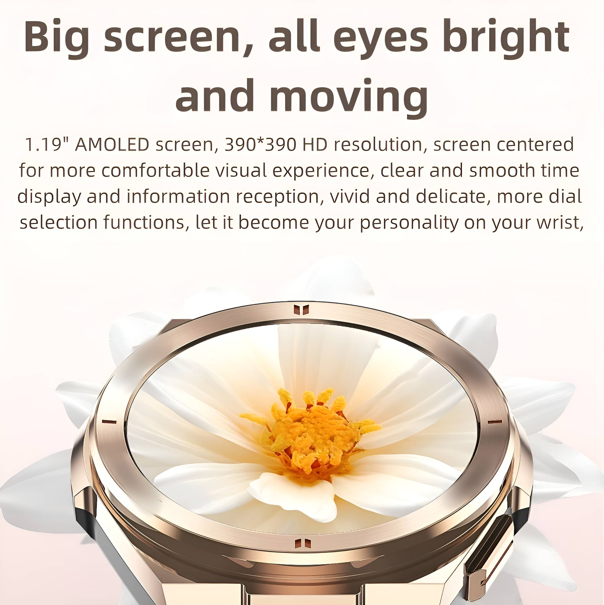 Nahaufnahme einer goldenen Smartwatch mit einem weißen Blumendesign auf dem Bildschirm.