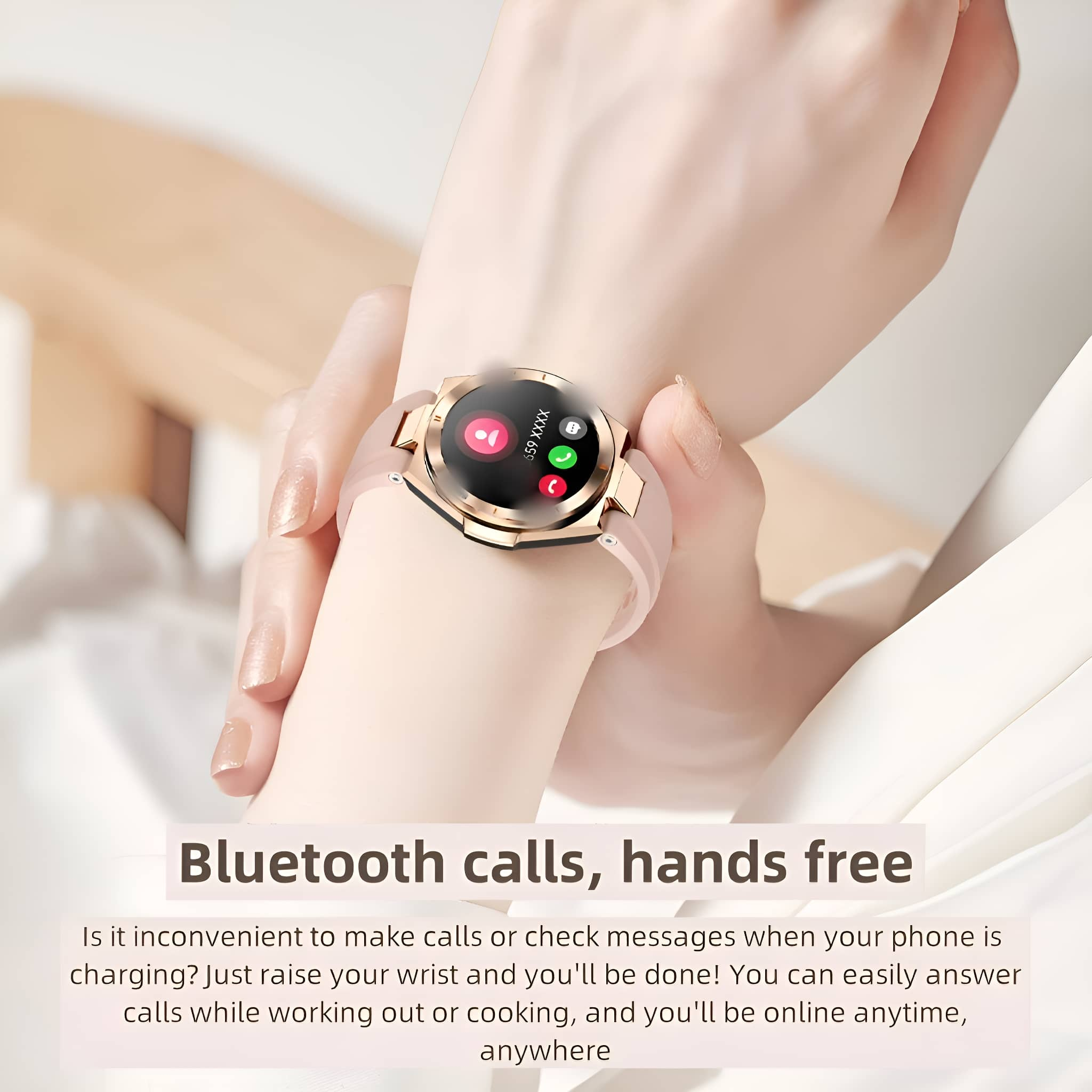 Eine Frau trägt eine Smartwatch am Handgelenk. Der Uhrenbildschirm zeigt eine Anruf-Oberfläche.