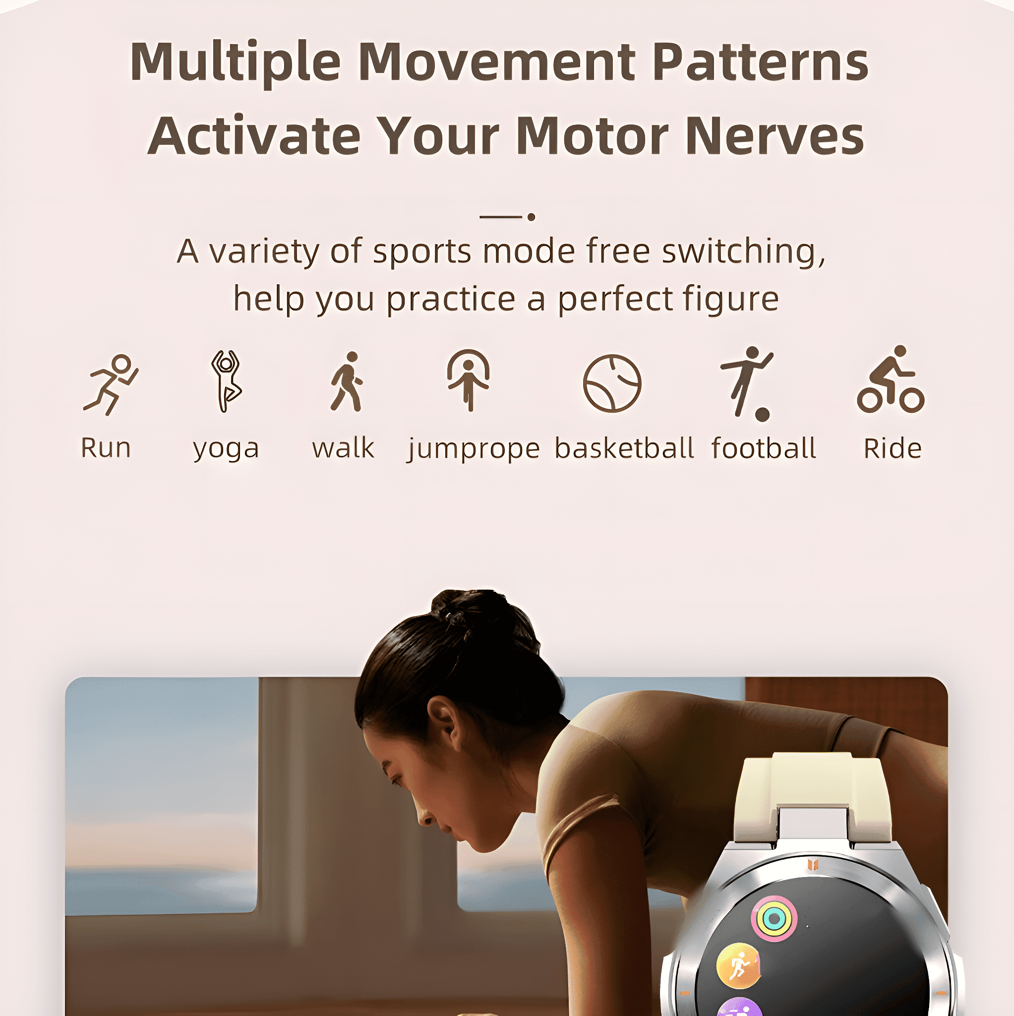 Frau, die auf eine Smartwatch schaut, Symbole auf dem Bildschirm. Sechs Sport-Icons. Weißer Hintergrund.