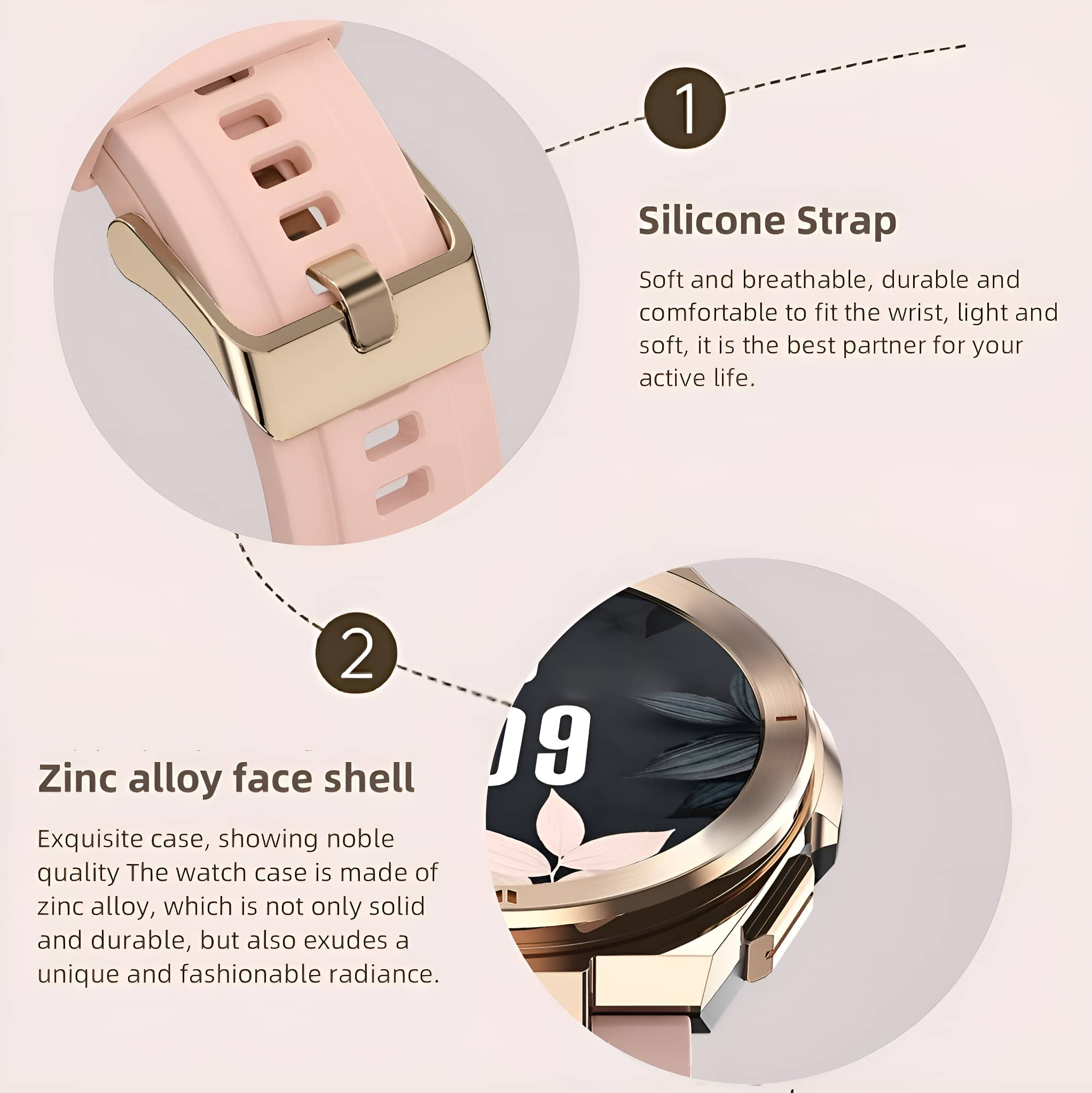 Eine Smartwatch, die das Armband und die Vorderseite mit Details zeigt. Rosa Armband, goldfarbenes Gehäuse.