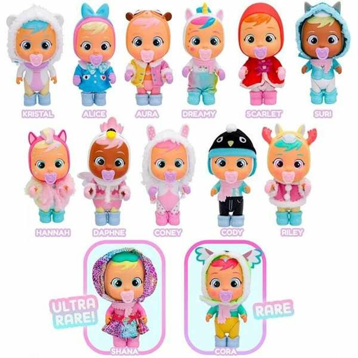 Varias muñecas con chupetes. Texto: KRISTAL, ALICE, AURA, DREAMY, SCARLET, SURI, HANNAH, DAPHNE, CONEY, CODY, RILEY.
