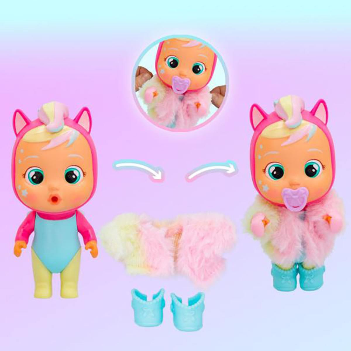 Muñeca bebé con ropa y accesorios intercambiables, mostrando un bebé con diferentes atuendos.