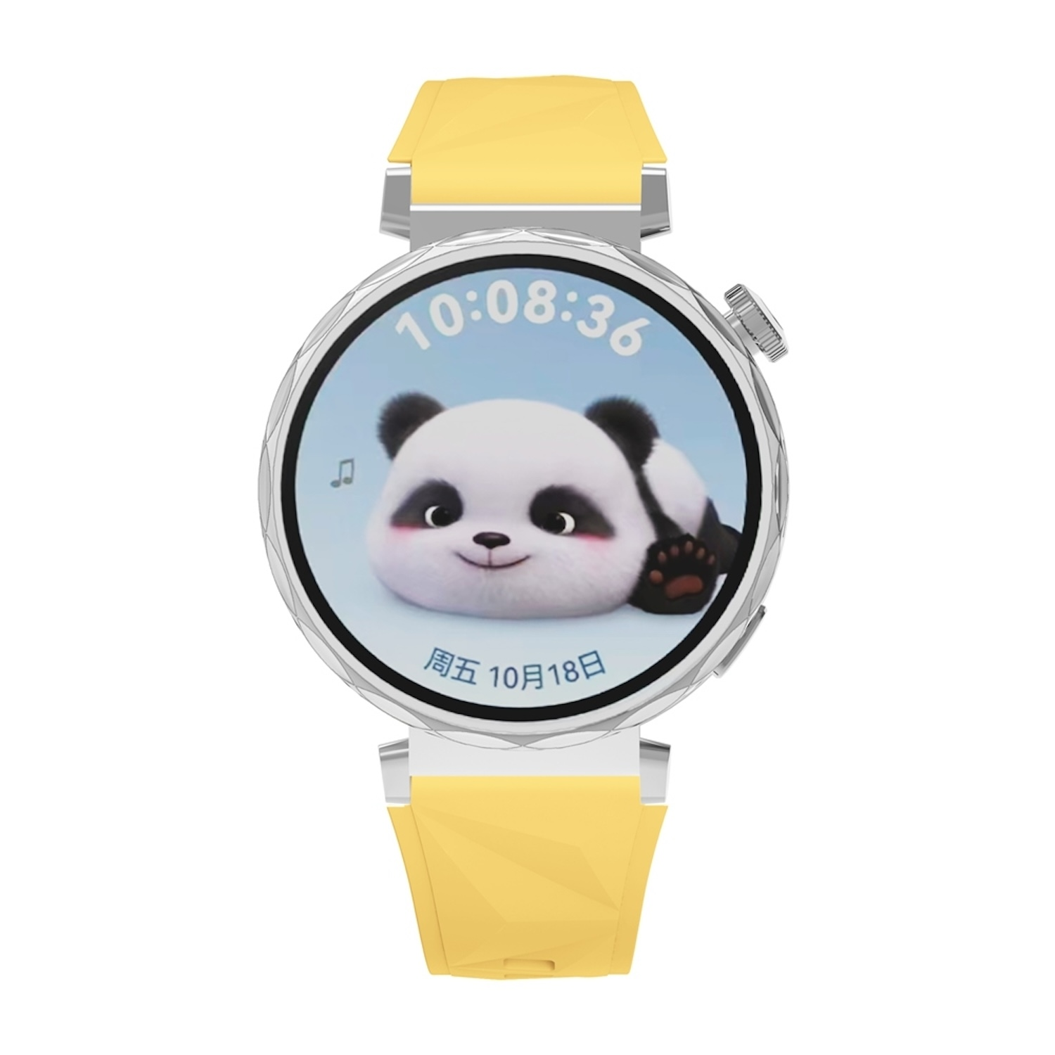 Eine Smartwatch mit Pandagesicht und gelbem Armband.