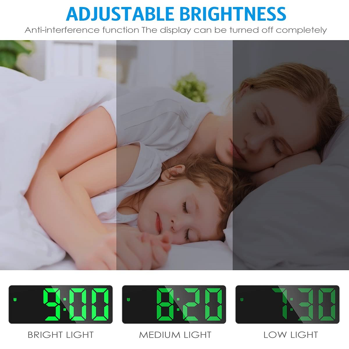 Eine Frau und ein Kind schlafen im Bett mit einer Uhr, die einstellbare Helligkeitsstufen anzeigt.