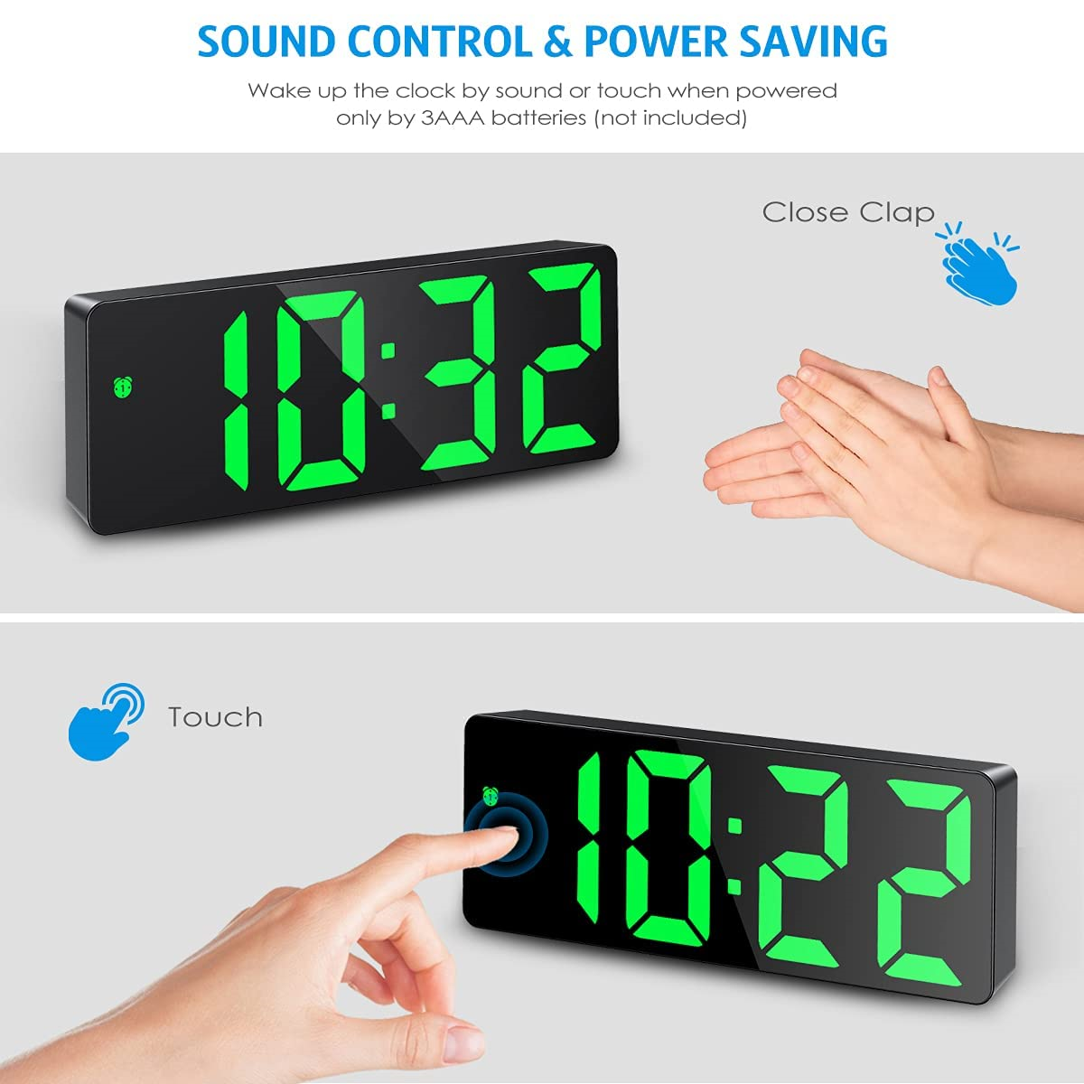 Schwarze Digitaluhr mit grünen Ziffern und Hände, die klatschen, um sie zu aktivieren. Die Uhr zeigt auch eine Touch-Aktivierung.