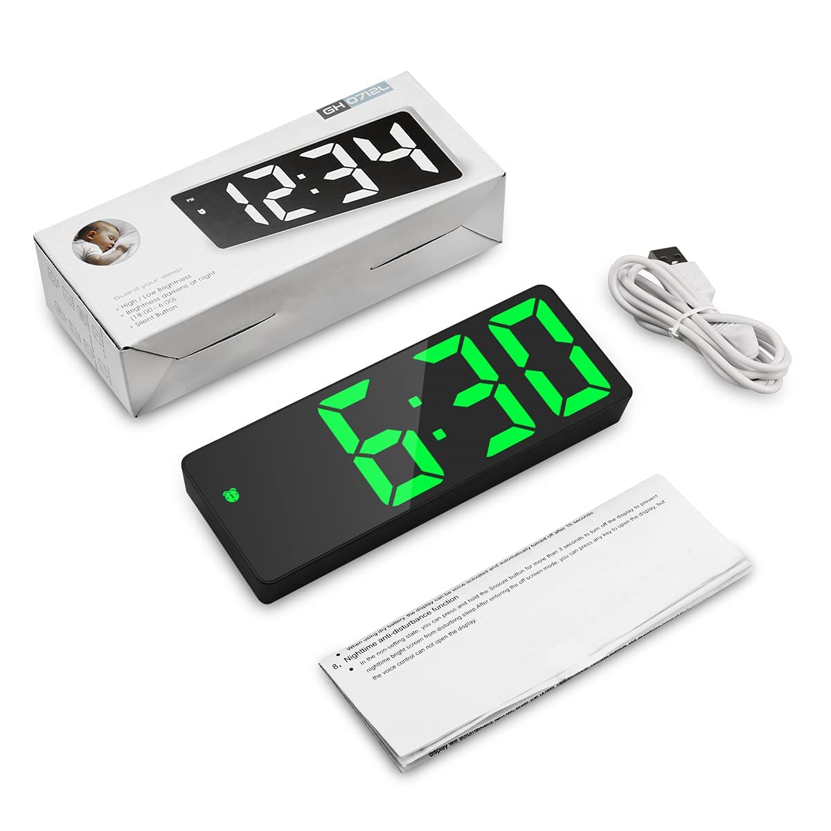 Digitaluhr mit grünen Ziffern. Kommt mit einer Box, einem Kabel und einer Anleitung.