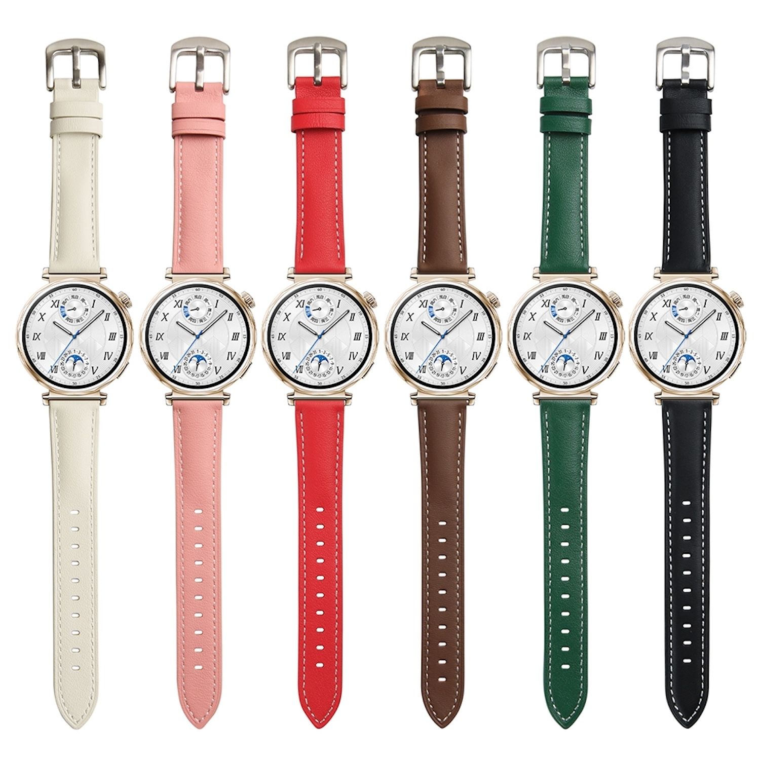 Sechs Smartwatches mit verschiedenfarbigen Armbändern. Weißer Hintergrund.