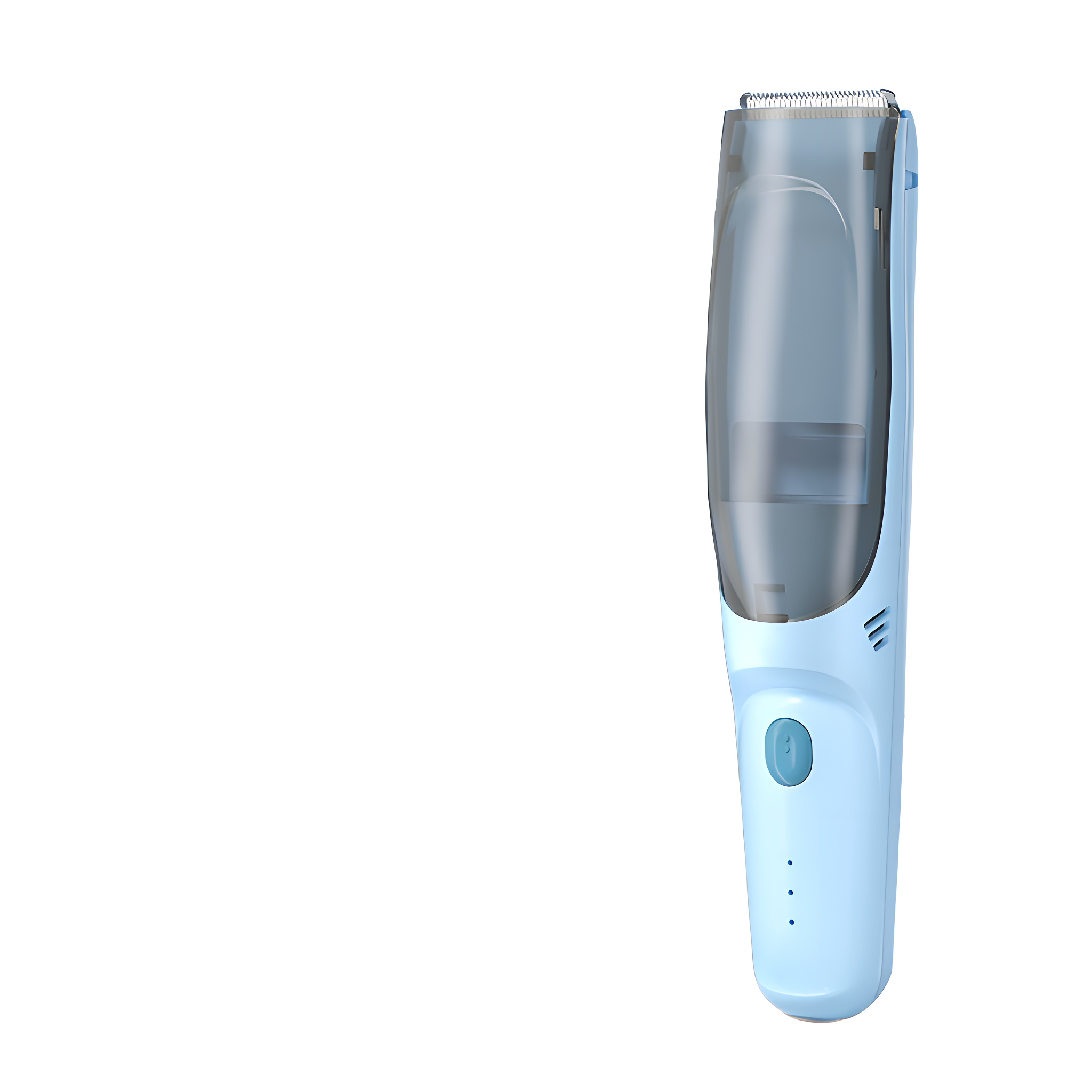 Blauer elektrischer Haarschneider. Der Trimmer hat einen transparenten Kunststoffkopf und eine einzelne Taste. Weißer Hintergrund.