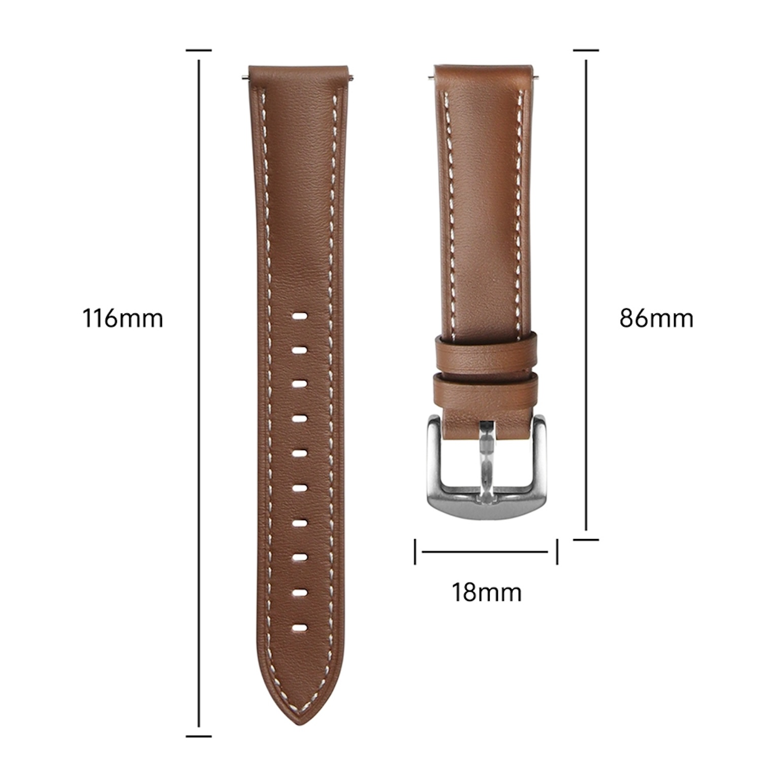 Braune Leder-Uhrenarmbänder mit Maßen. Ein Band mit Löchern, das andere mit einer Schnalle.