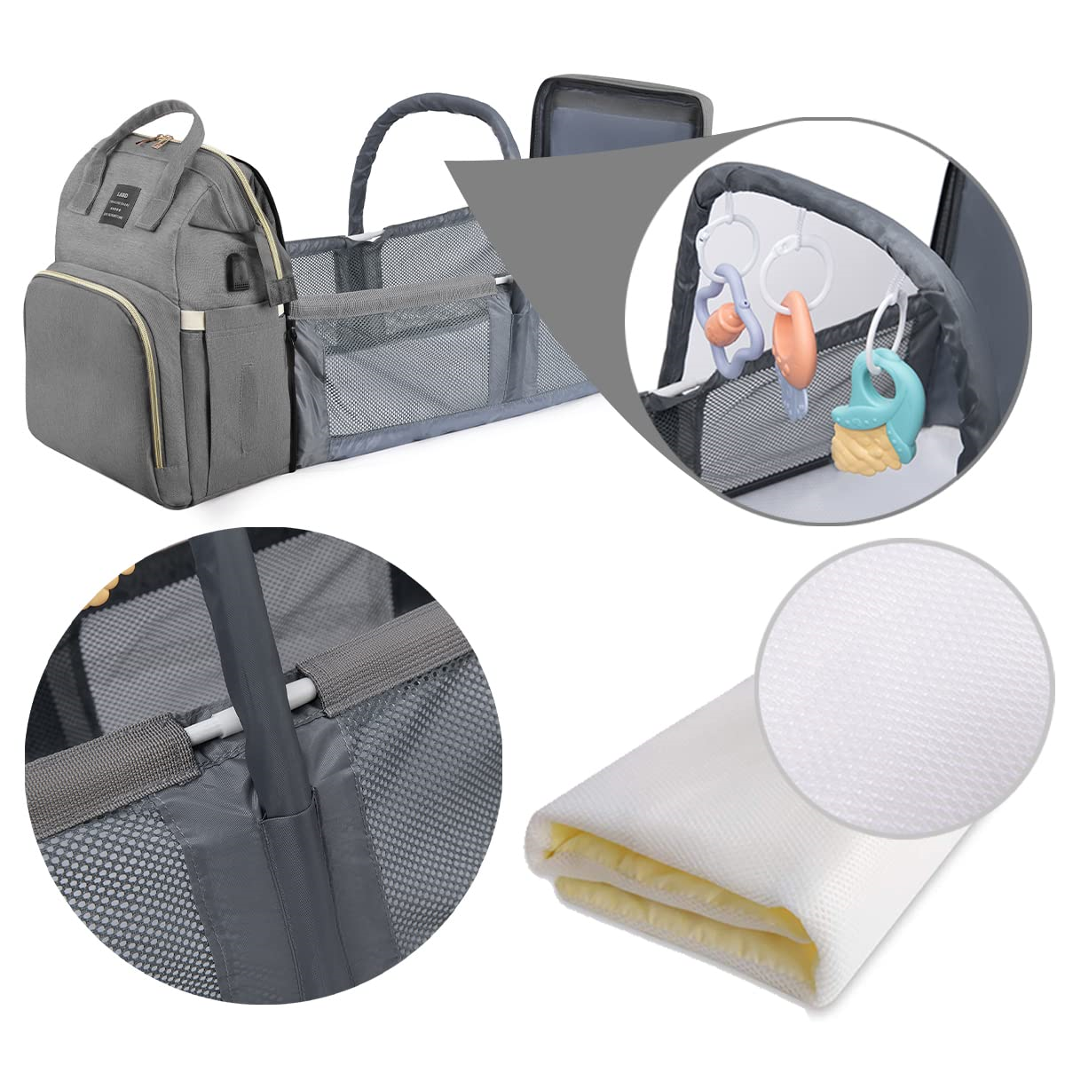 Eine Baby-Windeltasche mit einem bettähnlichen Aufsatz. Sie hat Fächer und eine Wickelauflage.