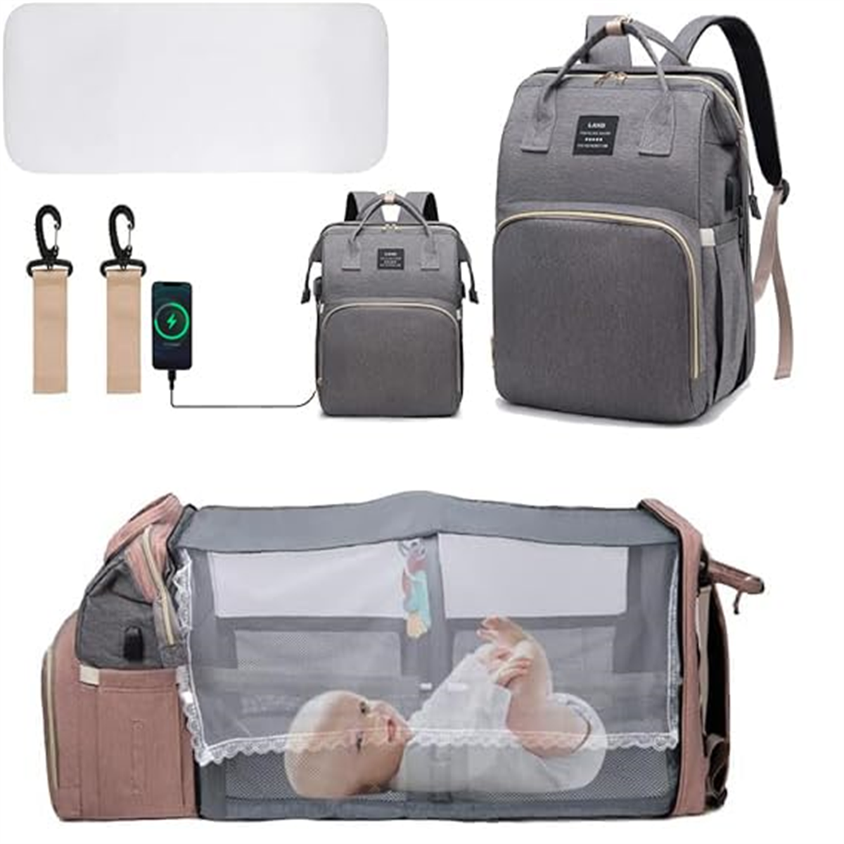 Eine graue Wickeltasche mit Zubehör. Enthält eine Wickelauflage, zwei Träger und ein Babybett.
