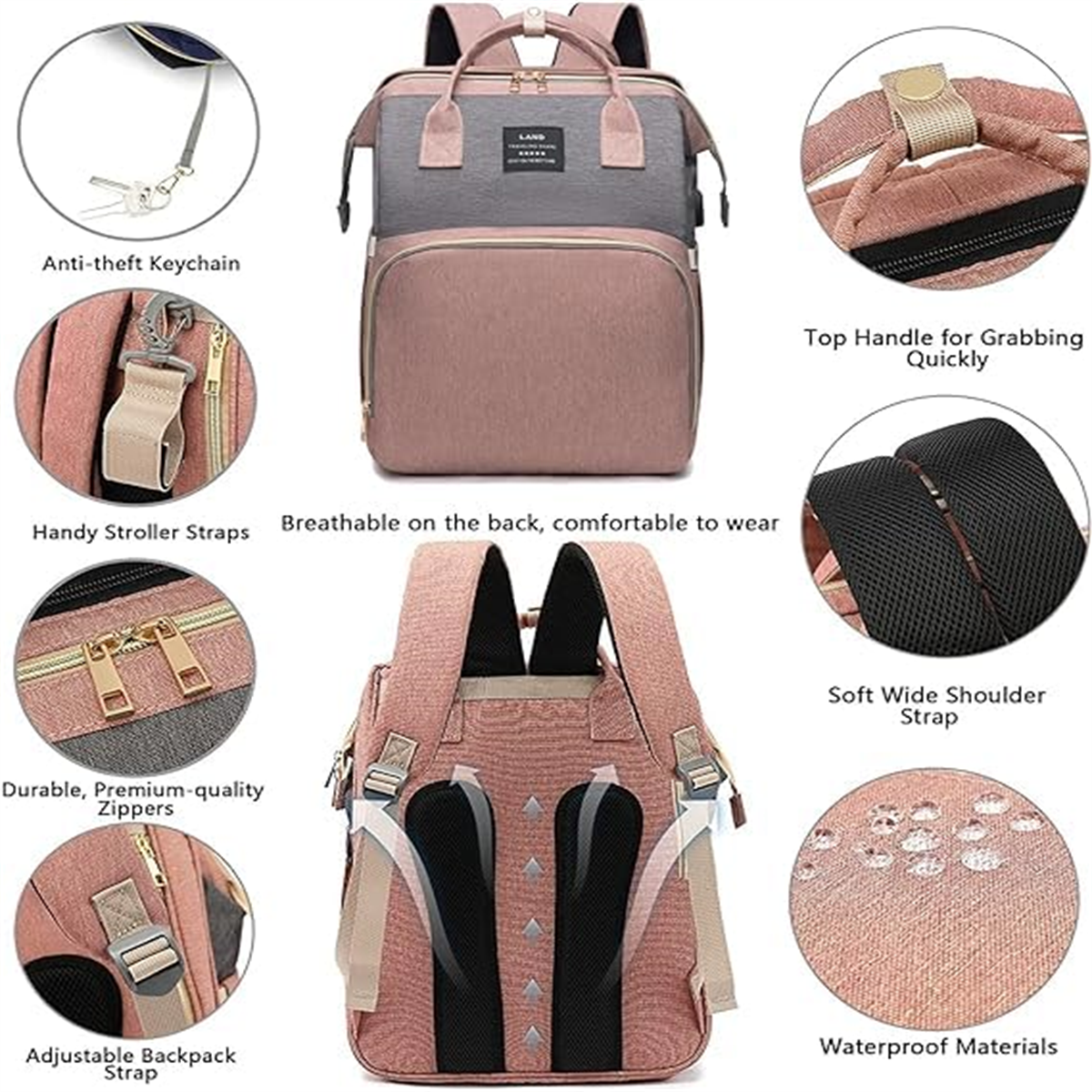 Rosa-graue Wickeltasche mit mehreren Fächern und Gurten zur Befestigung am Kinderwagen.