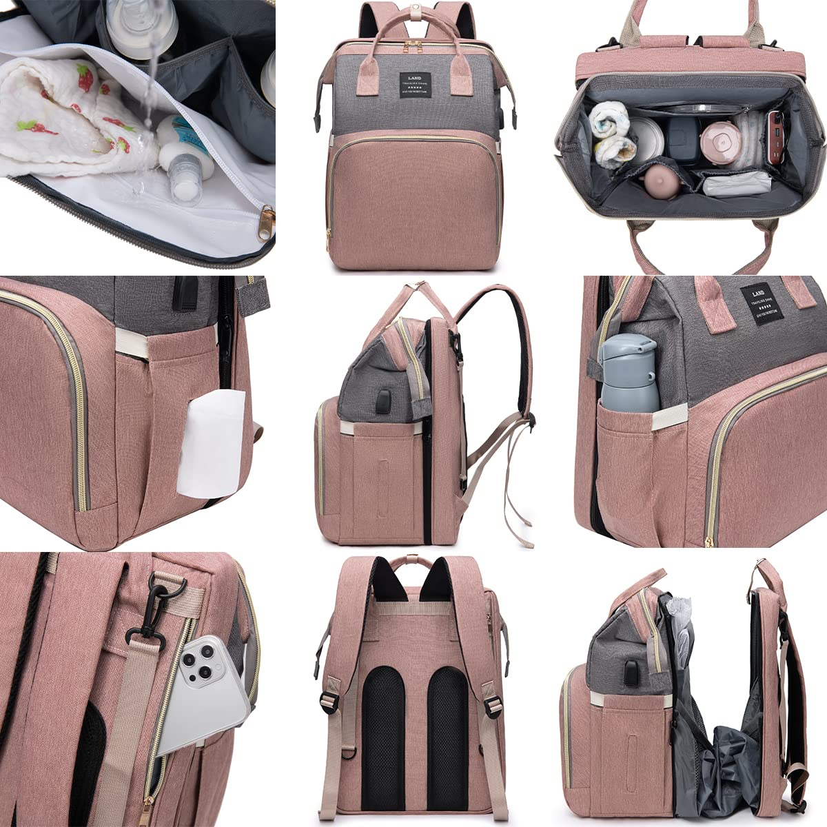 Rosa und graue Baby-Windeltasche mit mehreren Fächern und Zubehör.