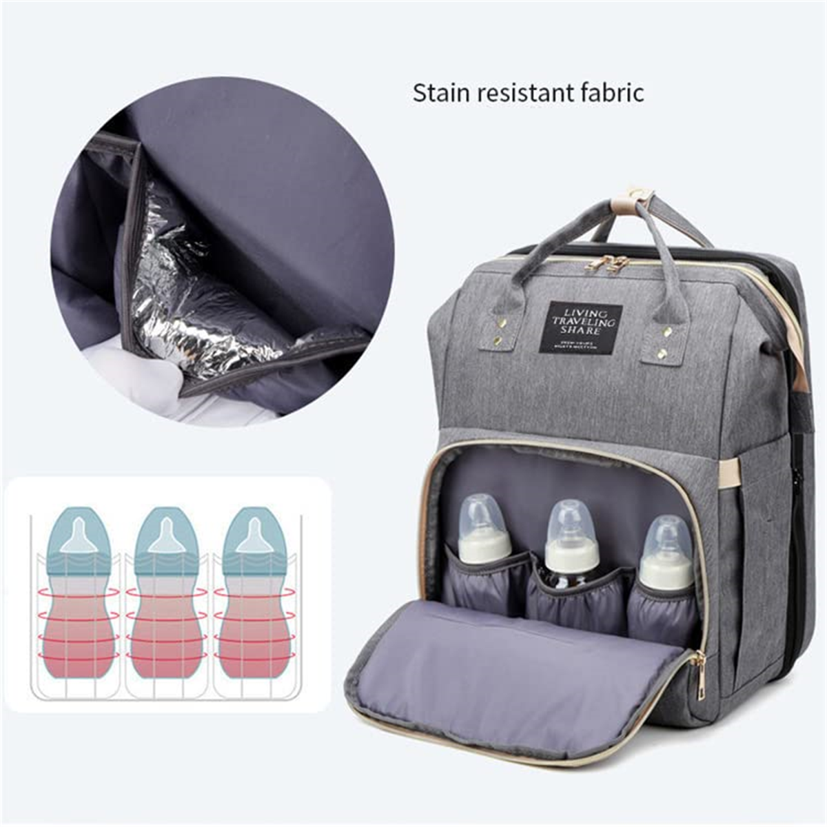 Graue Wickeltasche mit Flaschen in Taschen und einem isolierten Fach.