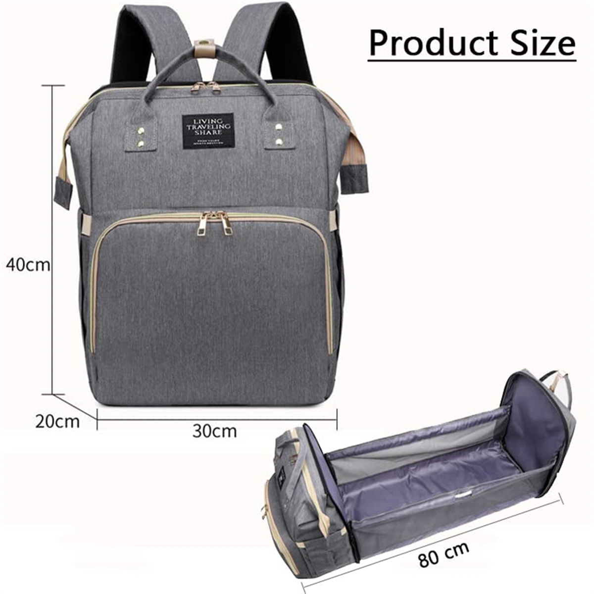 Graue Wickeltasche mit Maßen. A: 20cm, B: 30cm, 40cm hoch, plus Babybett-Zubehör, 80cm lang.