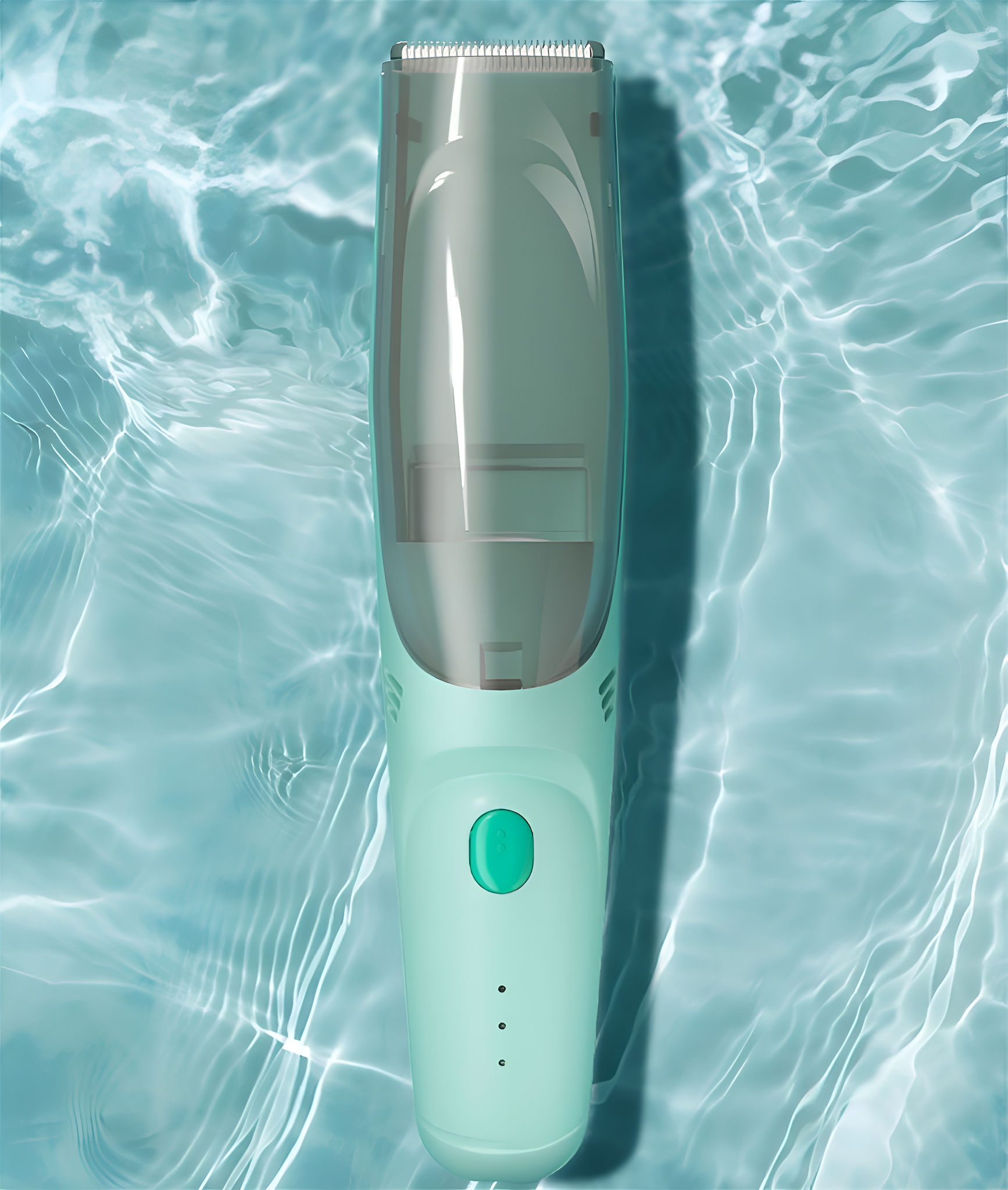 Ein elektrischer Haarschneider liegt im Wasser. Der Rasierer hat einen grünen Knopf und eine transparente Spitze.