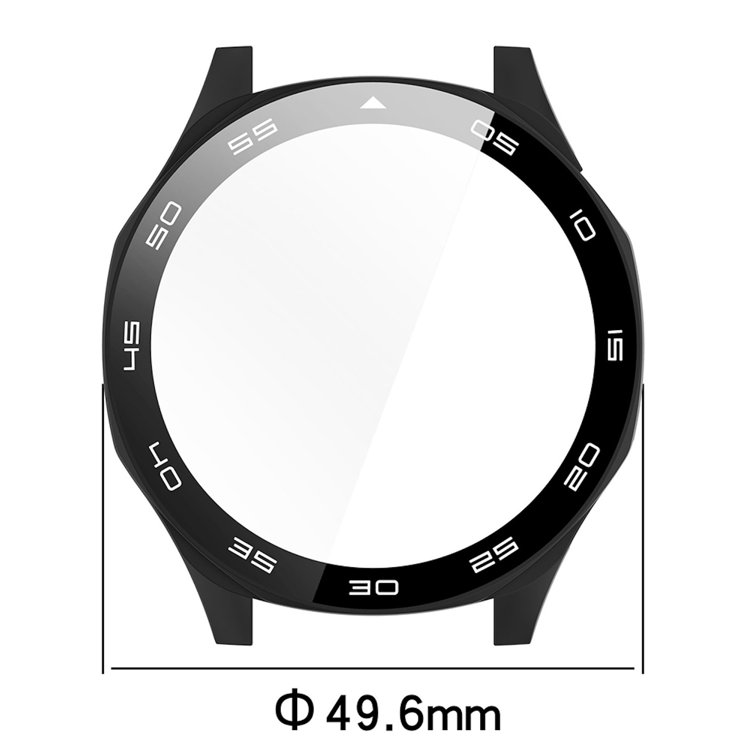 Eine schwarze Lünette mit Zahlen und einem Durchmesser von 49,6 mm. Weiße Ziffern und Markierungen.