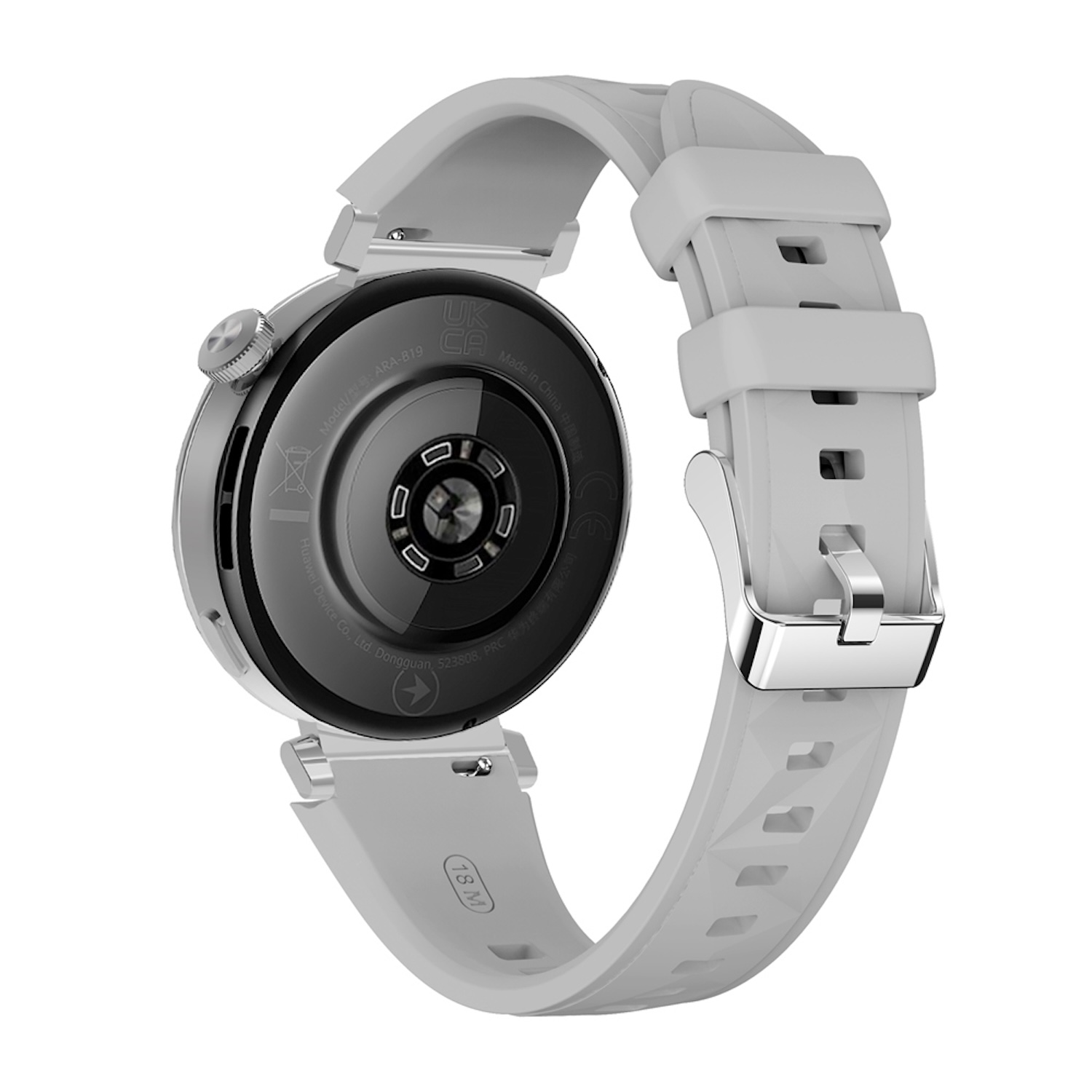 Smartwatch, Rückansicht, graues Armband, silbernes Gehäuse. Text auf der Rückseite: UK CA, Made in China, Huawei Device Co.