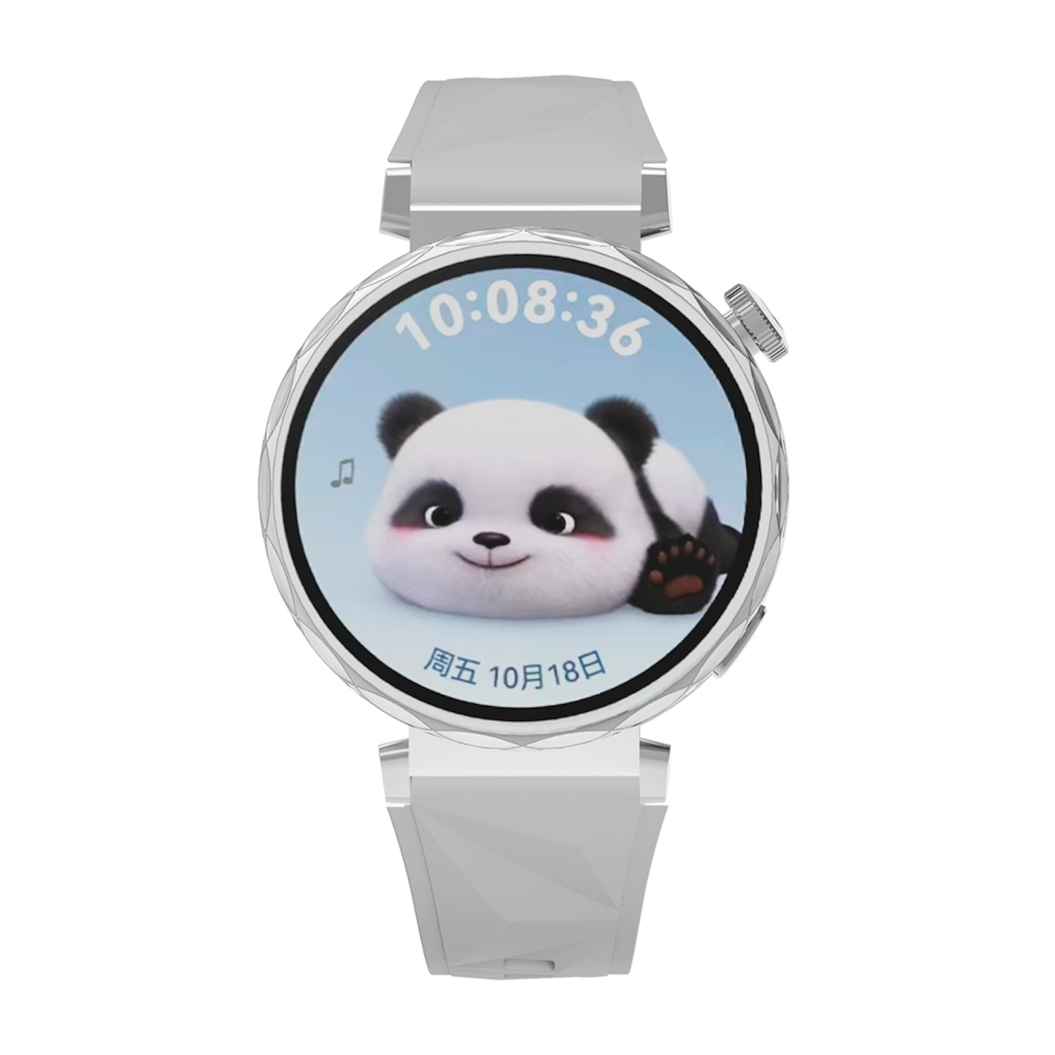 Eine Smartwatch mit Panda-Gesicht auf dem Bildschirm, weißes Armband. Datum und Uhrzeit sichtbar.