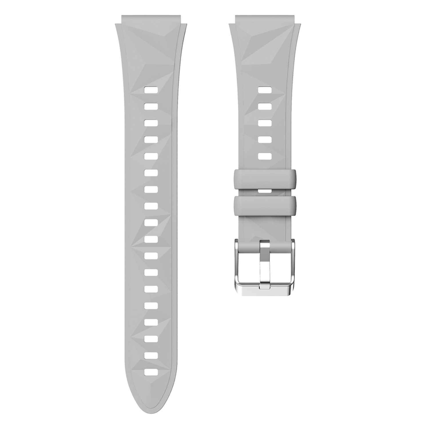 Zwei graue Smartwatch-Armbänder, eines mit Löchern und eines mit Schnalle.