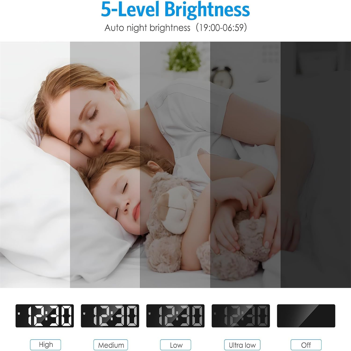 Bild zeigt Digitaluhr mit 5 Helligkeitsstufen, mit zwei schlafenden Personen.