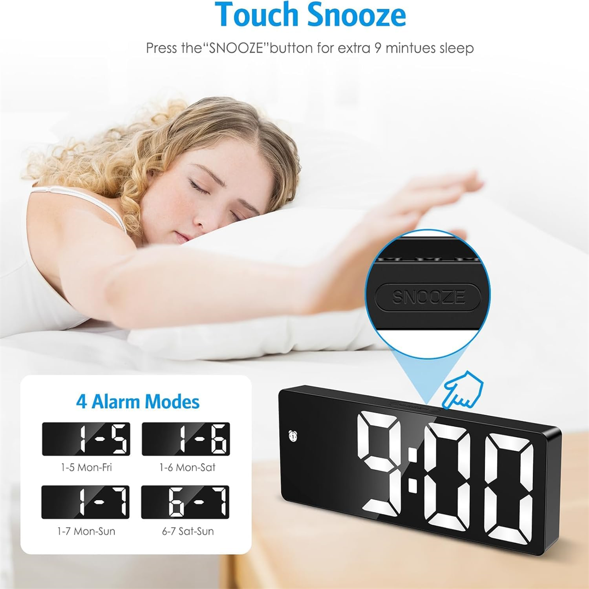 Digitaler Wecker mit 9:00 Uhr Anzeige, Alarmeinstellungen und Frau im Bett.