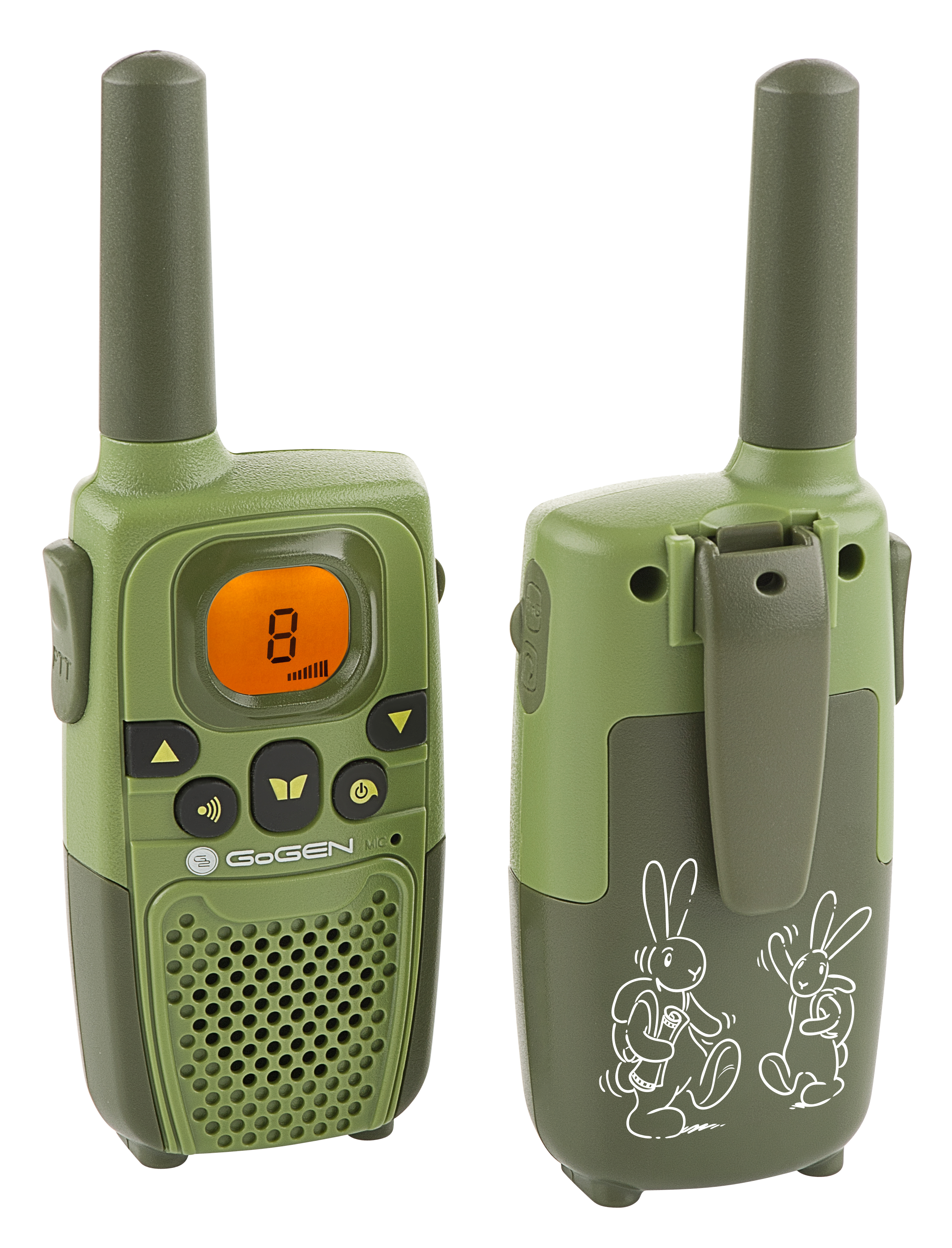 Zwei grüne Walkie-Talkies. Eines zeigt eine Digitalanzeige mit der Zahl 8. Die Rückseite zeigt Hasen.