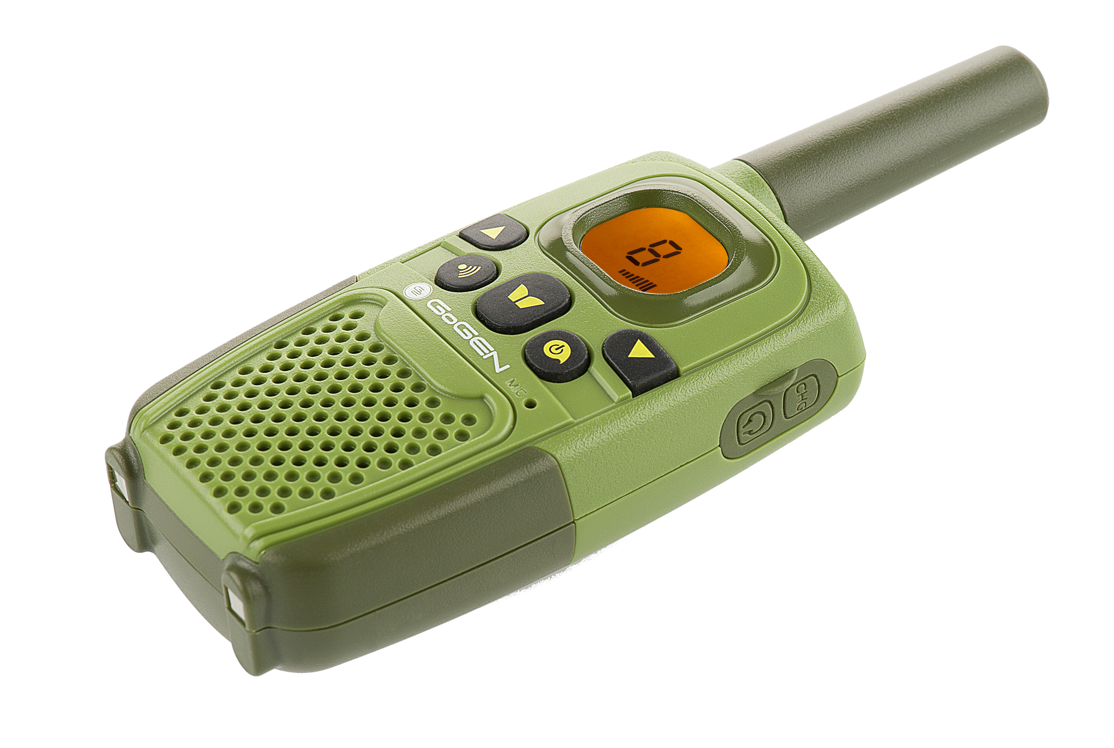 Grünes Walkie-Talkie mit orangefarbenem Display und schwarzen Knöpfen. Weißer Hintergrund.