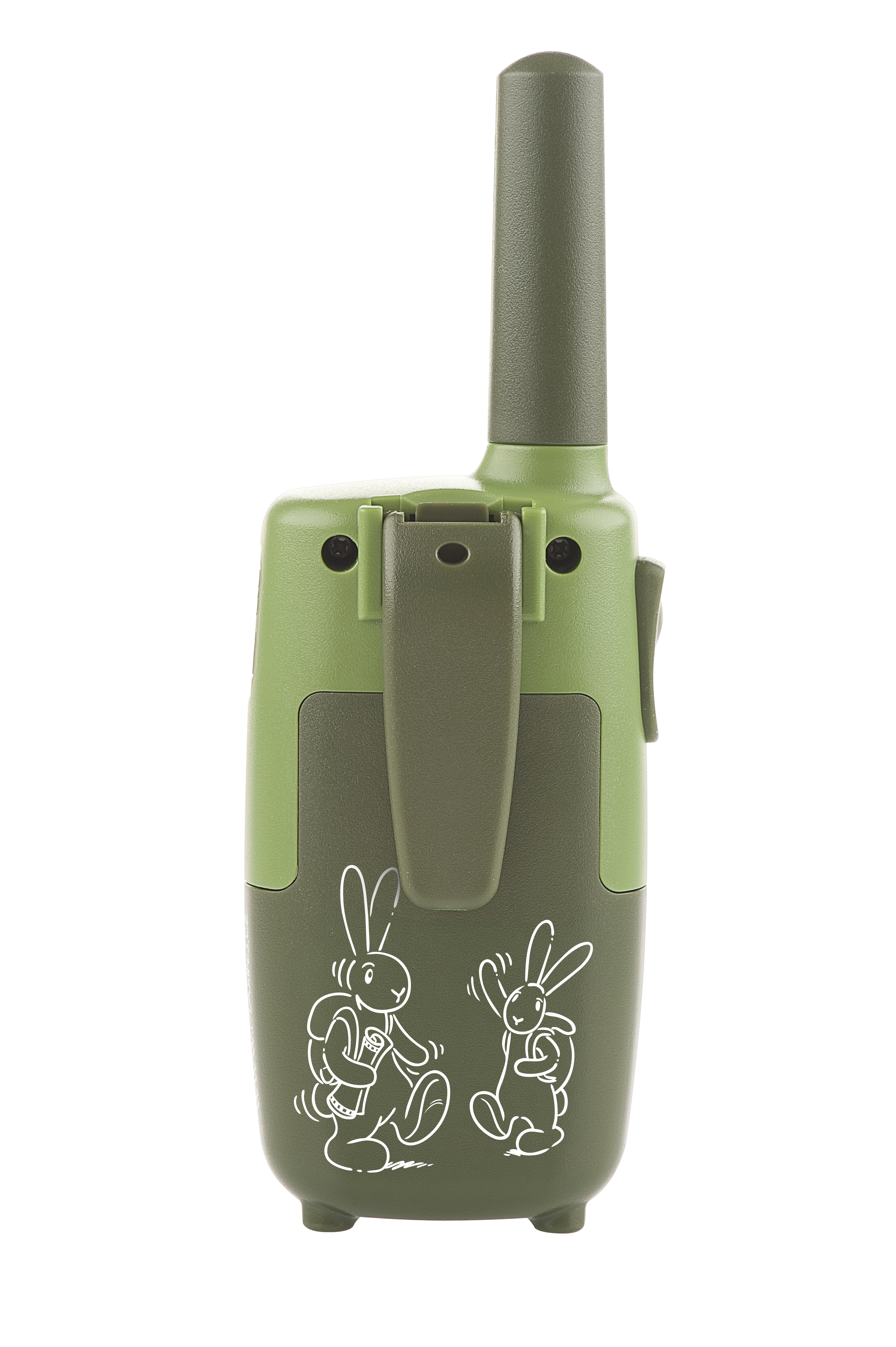 Grünes Walkie-Talkie mit zwei weißen Hasen am Boden. Es hat einen Gürtelclip und eine Antenne.
