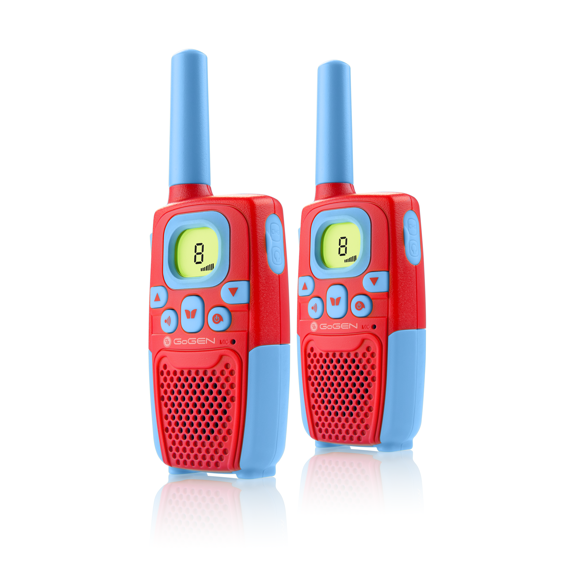 Zwei rot-blaue Walkie-Talkies. Jedes hat einen Bildschirm mit der Zahl 8 und Tasten.