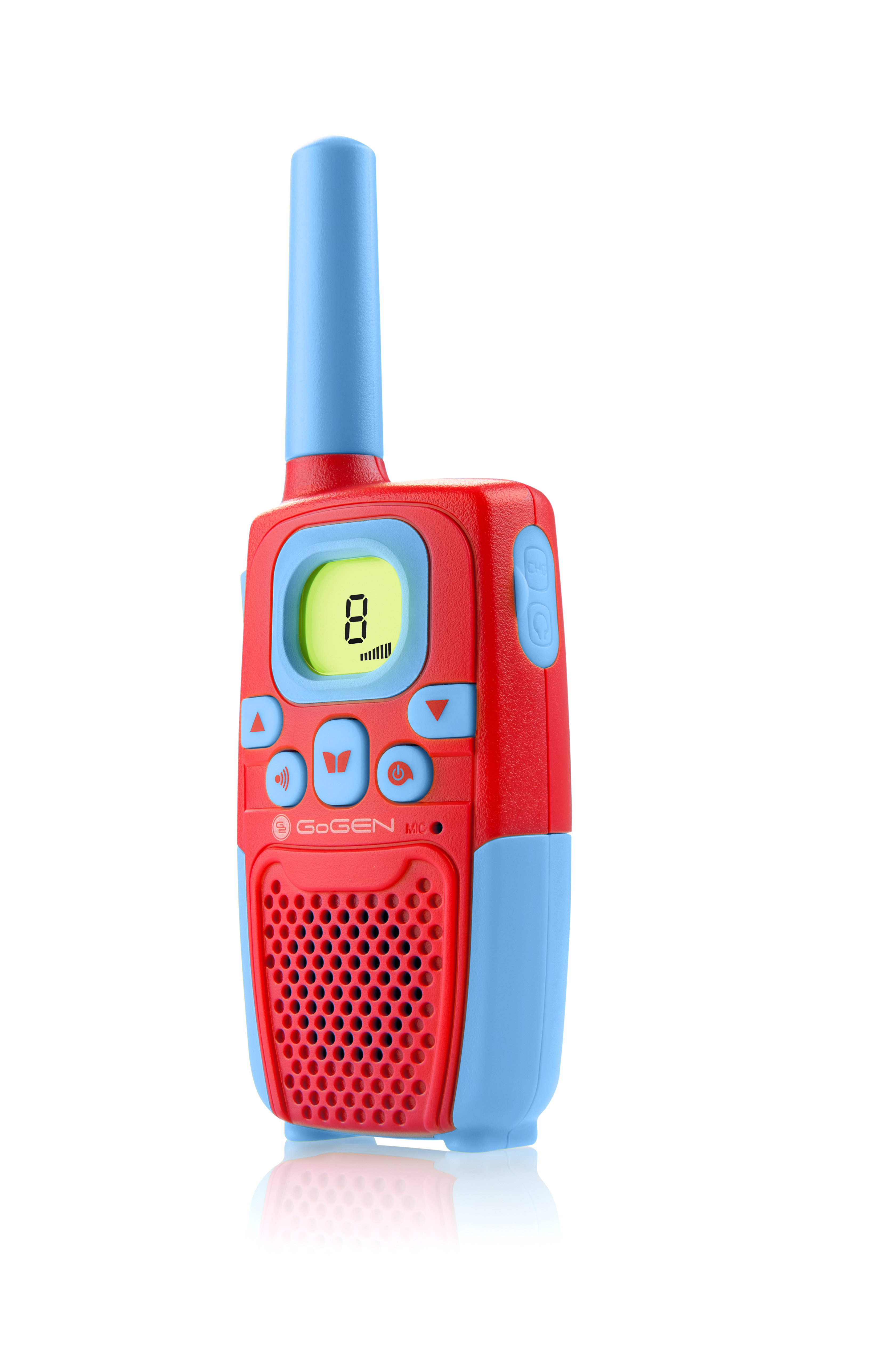 Rotes und blaues Walkie-Talkie mit einer Anzeige, die die Zahl 8 zeigt. Knöpfe und ein Lautsprecher sind sichtbar.