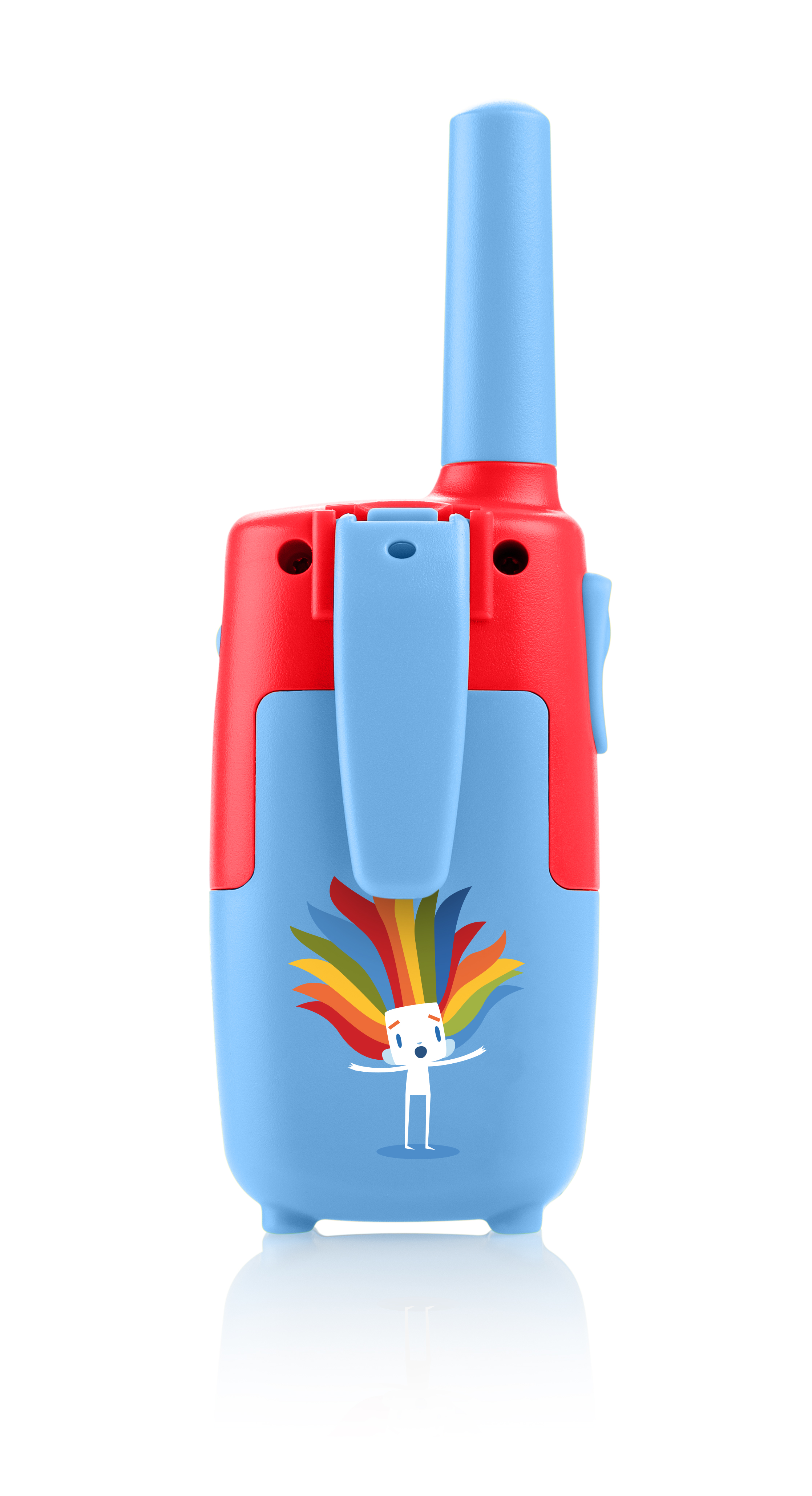 Ein blaues und rotes Walkie-Talkie mit einer Zeichentrickfigur und einer erhabenen Antenne.