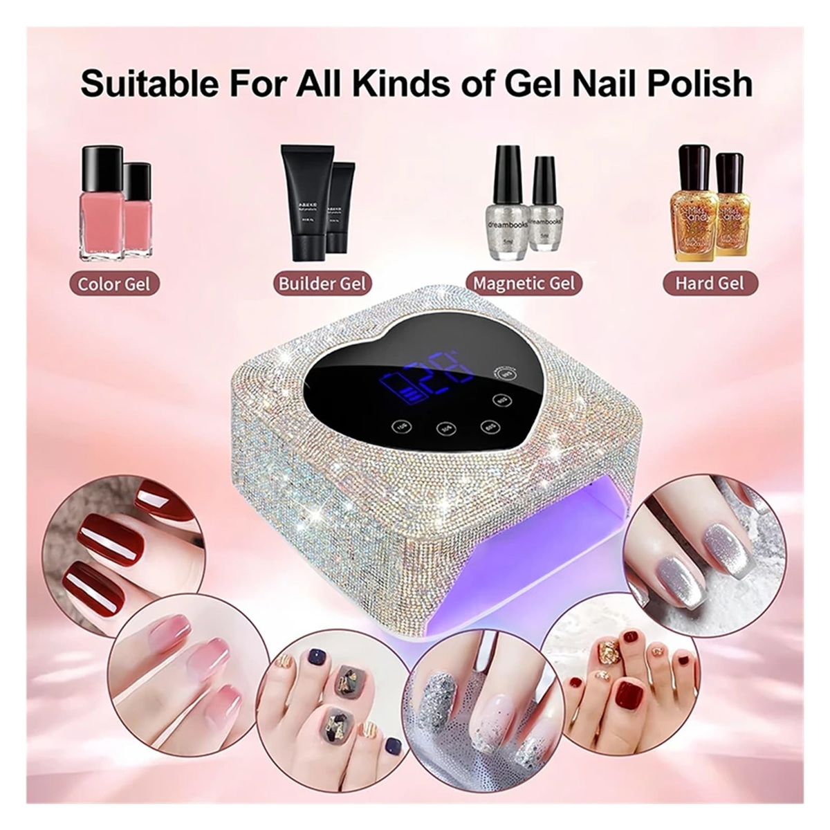 Eine Nagellampe, umgeben von Nagellackflaschen und manikürten Nägeln. Text: Geeignet für alle Arten von Gel-Nagellack.