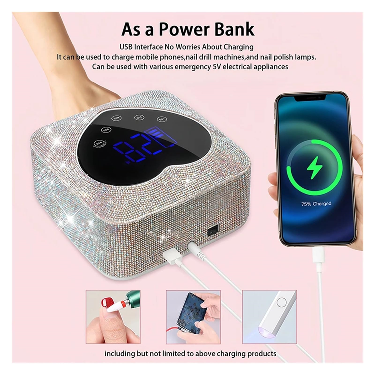 Eine Powerbank in Herzform mit einem Ladetelefon und Nagelwerkzeugen.