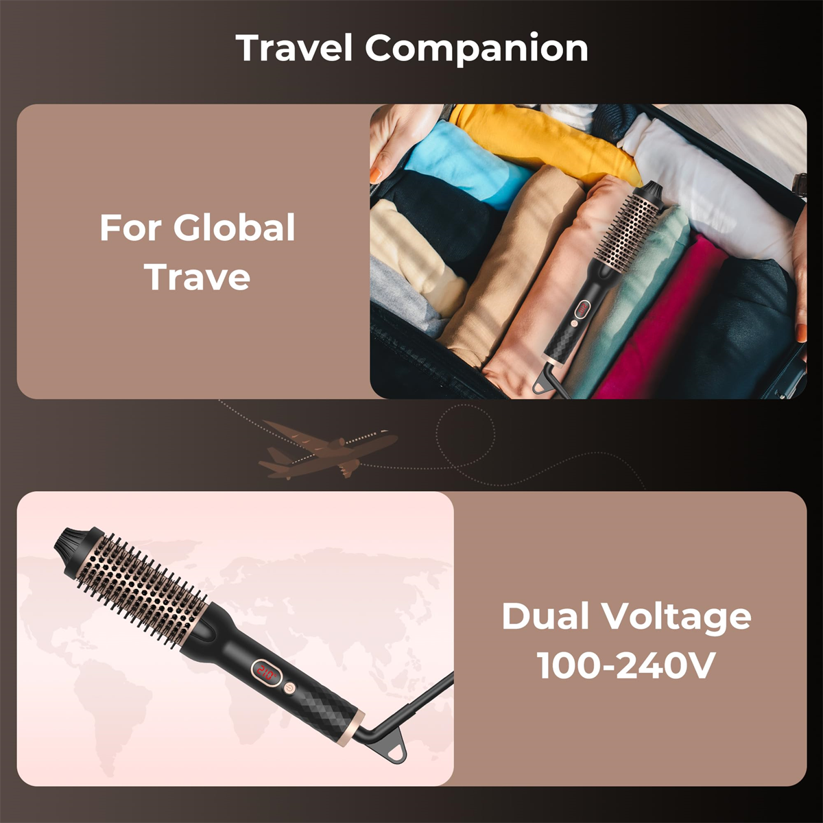Reiseset: ein Lockenstab und Kleidung in einem Koffer, mit Dual-Voltage-Text.