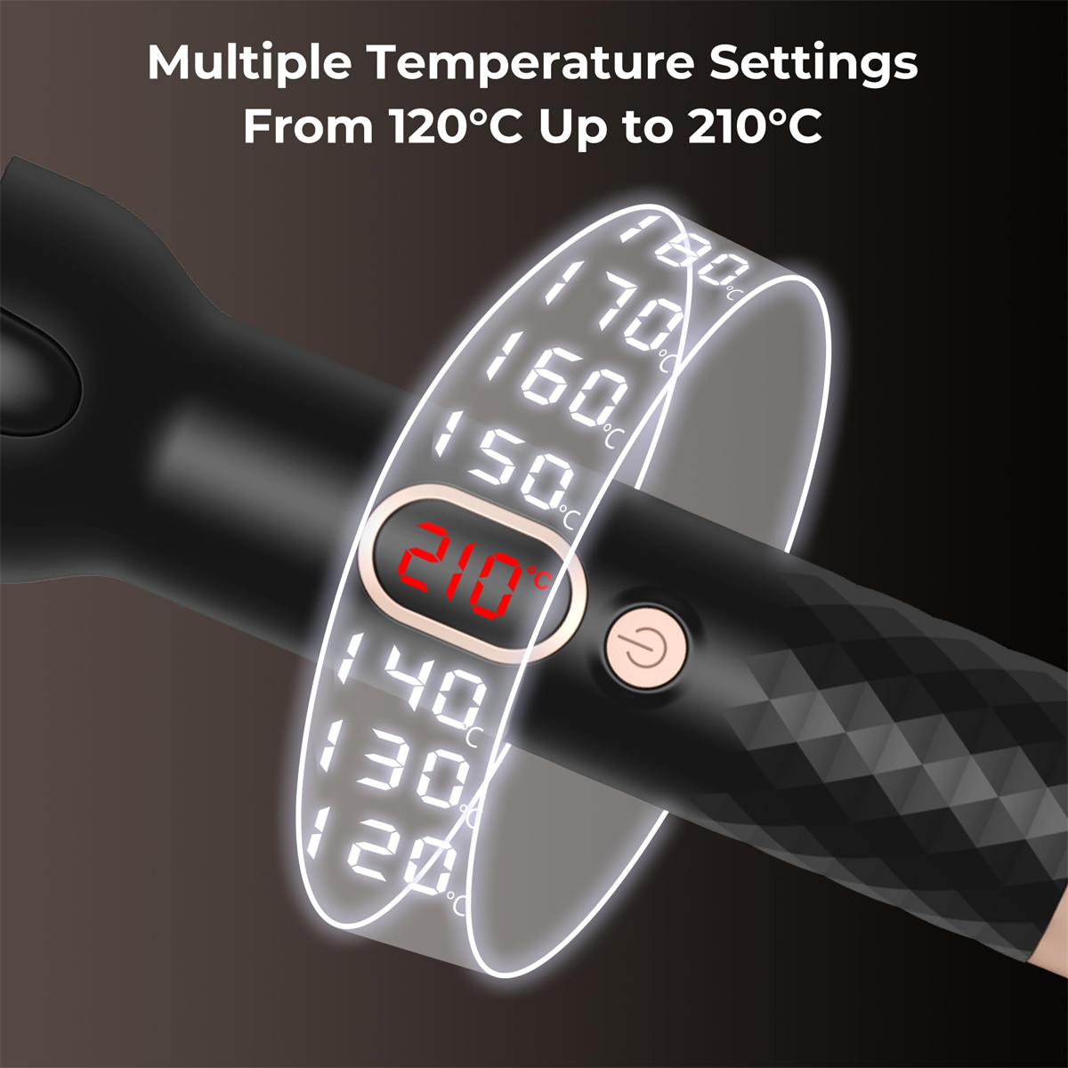 Ein schwarzer Lockenstab mit Temperatureinstellungen auf einem leuchtenden Ring. Digitalanzeige zeigt 210°C.