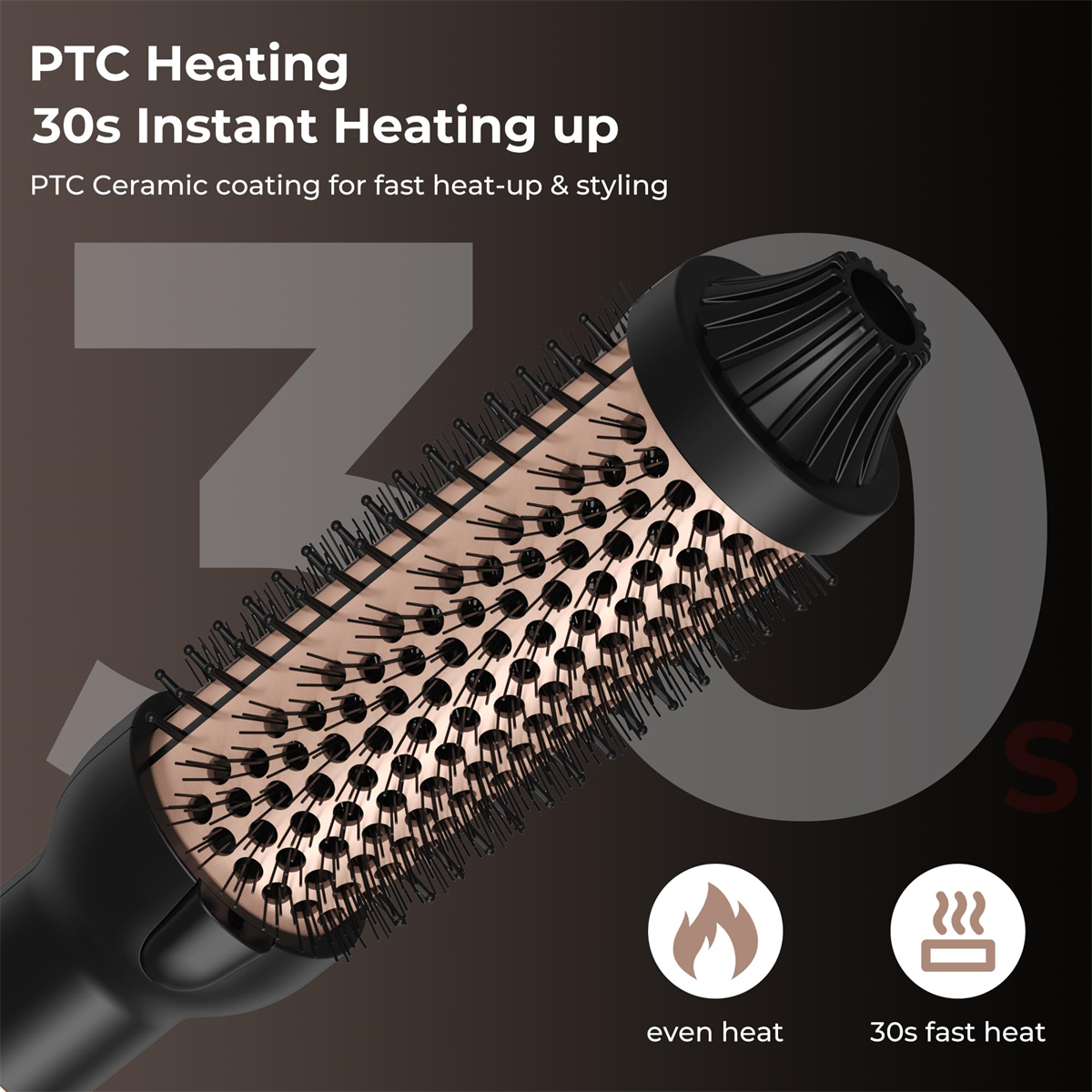 Haarstyling-Tool mit roségoldener Bürste und schwarzem Griff. Text zeigt PTC-Heizung und schnelles Aufheizen.