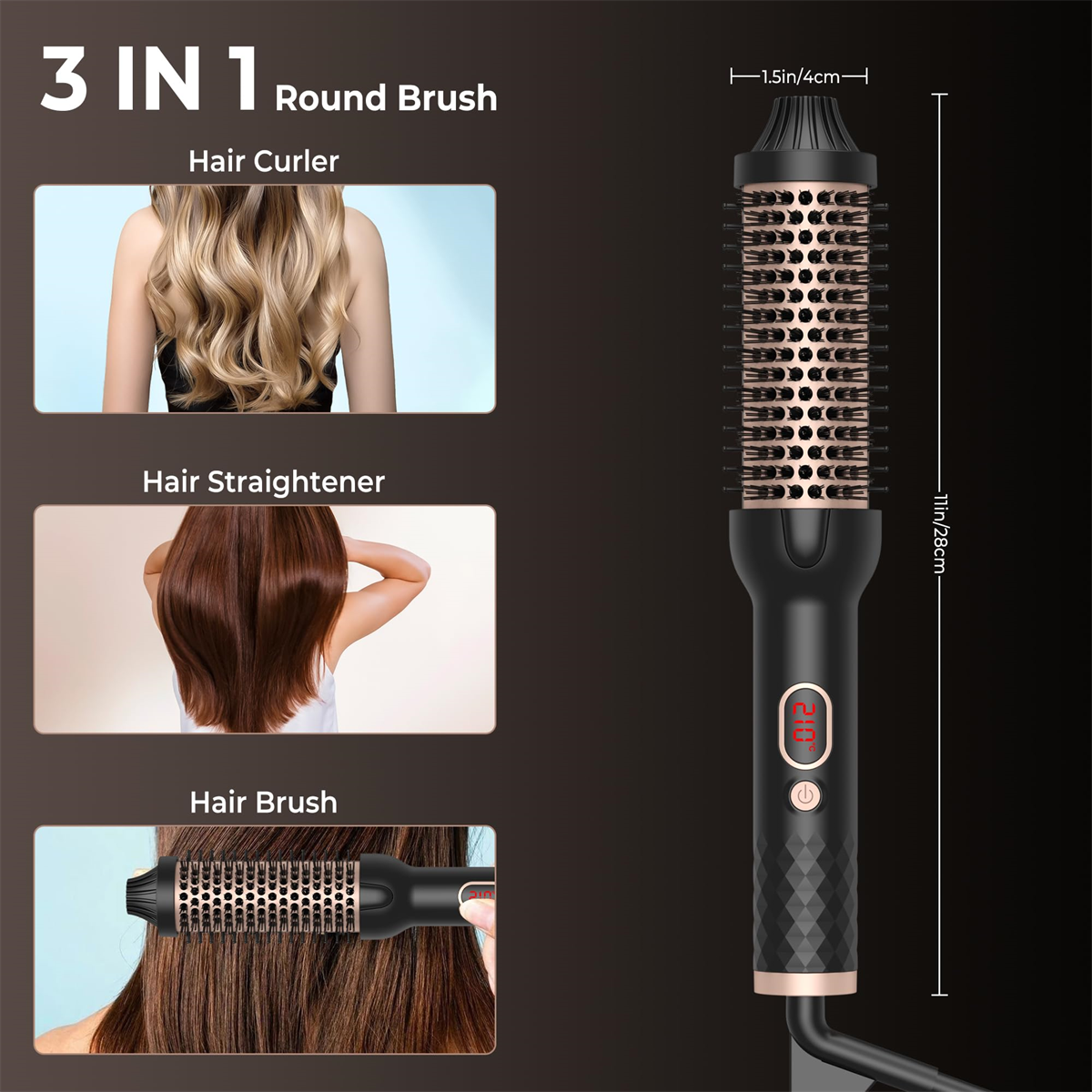 Schwarzes und goldenes Haarstyling-Werkzeug mit drei Funktionen: Lockenstab, Glätteisen und Bürste. Inklusive Bilder.