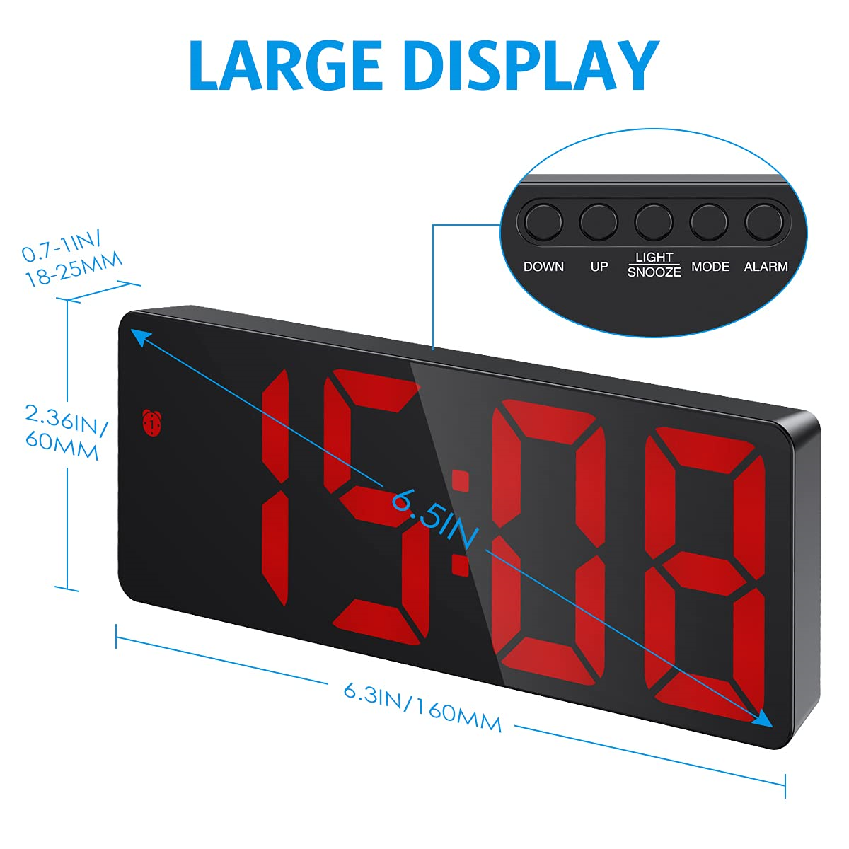 Schwarze Digitaluhr mit roten Zahlen, die die Uhrzeit anzeigt. Knöpfe für Einstellungen sind abgebildet.