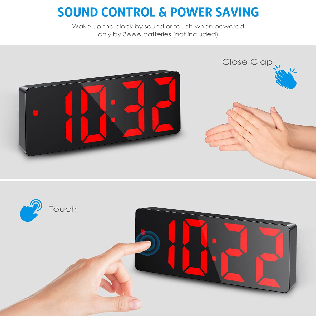 Digitaluhr mit Zeitanzeige. Ein Bild zeigt Berührung, das andere Klatschen.