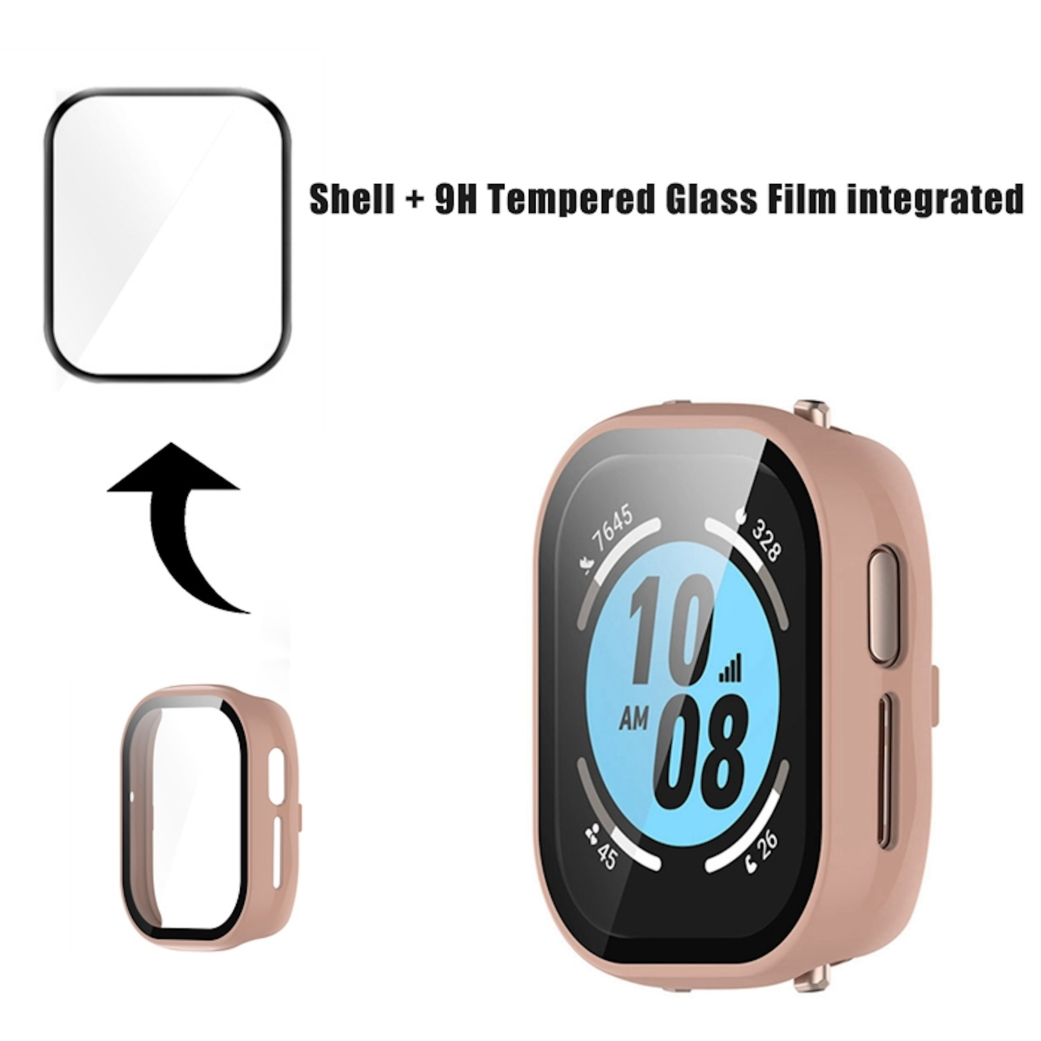 Eine Smartwatch mit Displayschutzfolie und Schutzhülle wird angezeigt.