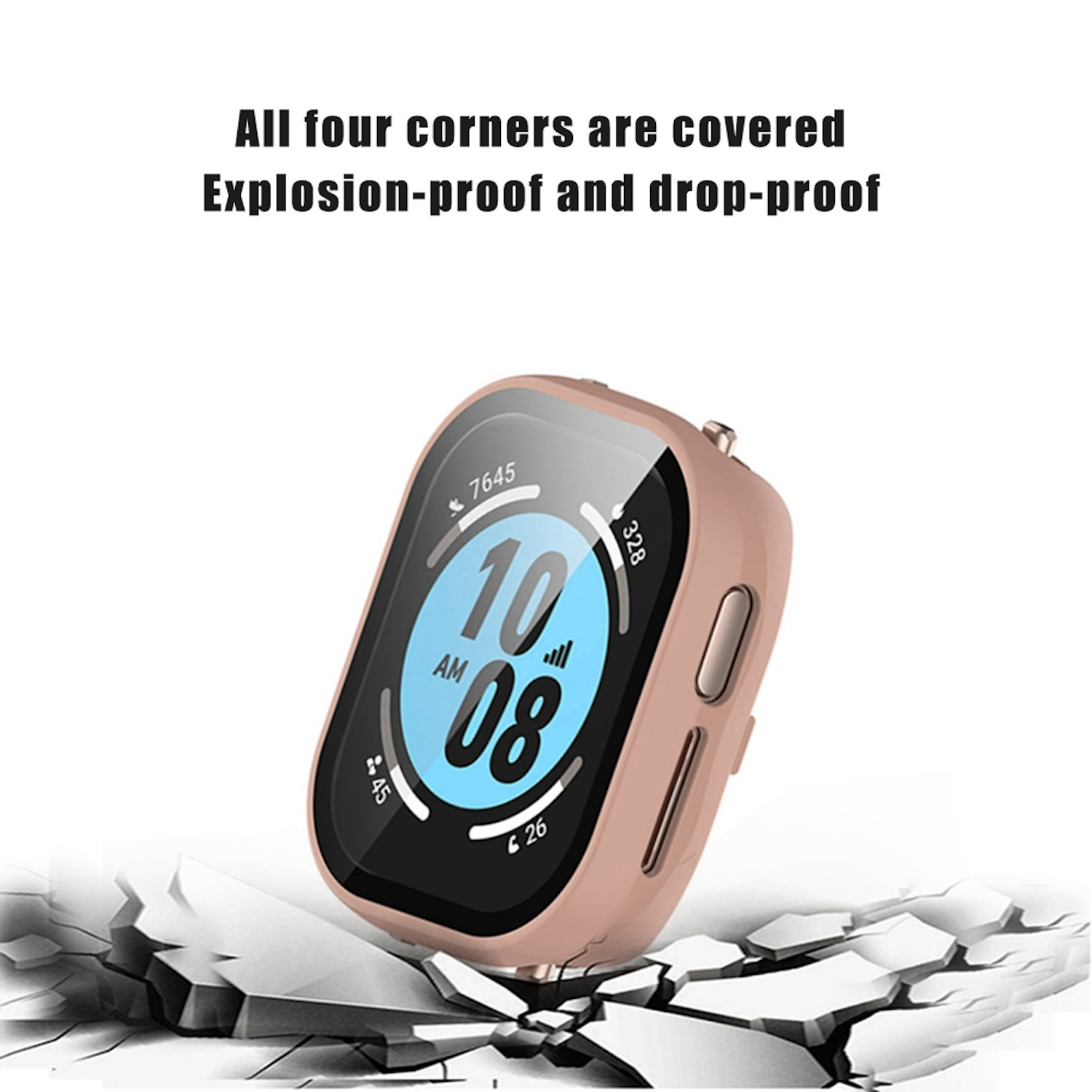 Eine rosa Smartwatch-Hülle auf einer zerbrochenen Oberfläche. Sie zeigt die Uhrzeit an.