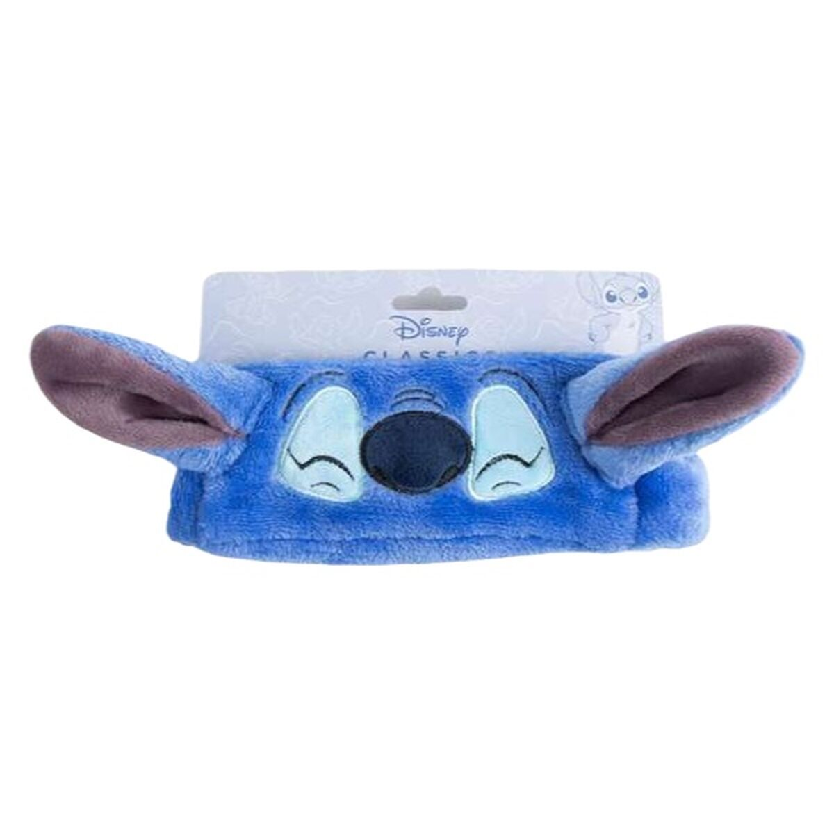 Una fascia per capelli di Stitch blu in peluche con grandi orecchie e un'etichetta Disney Classics.