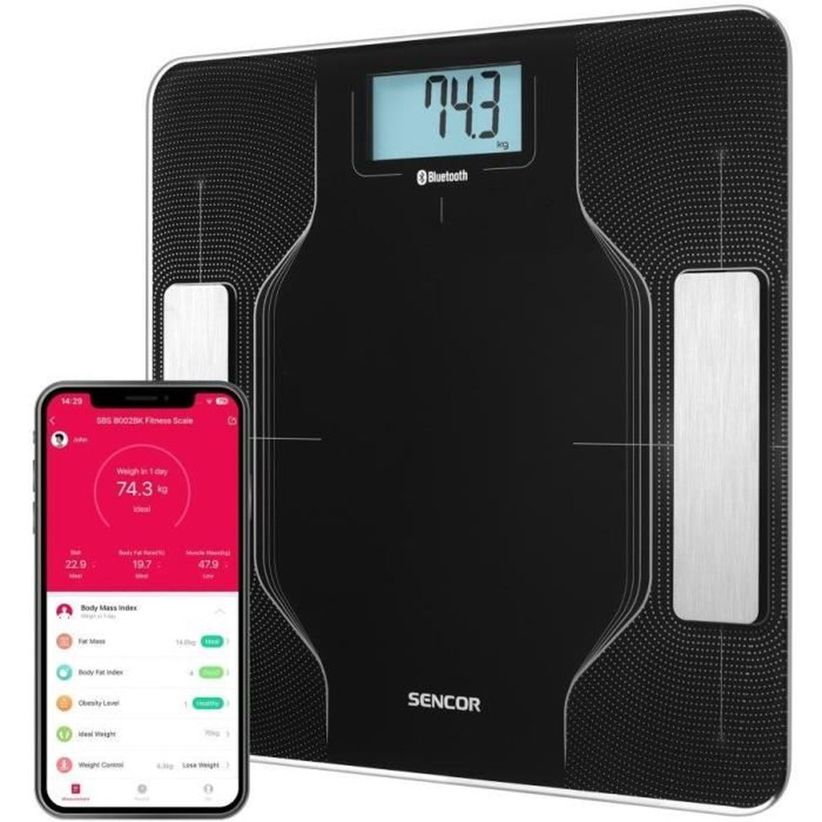 Eine schwarze Smart-Waage mit digitaler Anzeige, die das Gewicht anzeigt. Ein Smartphone zeigt Gewichts- und Körperdaten.